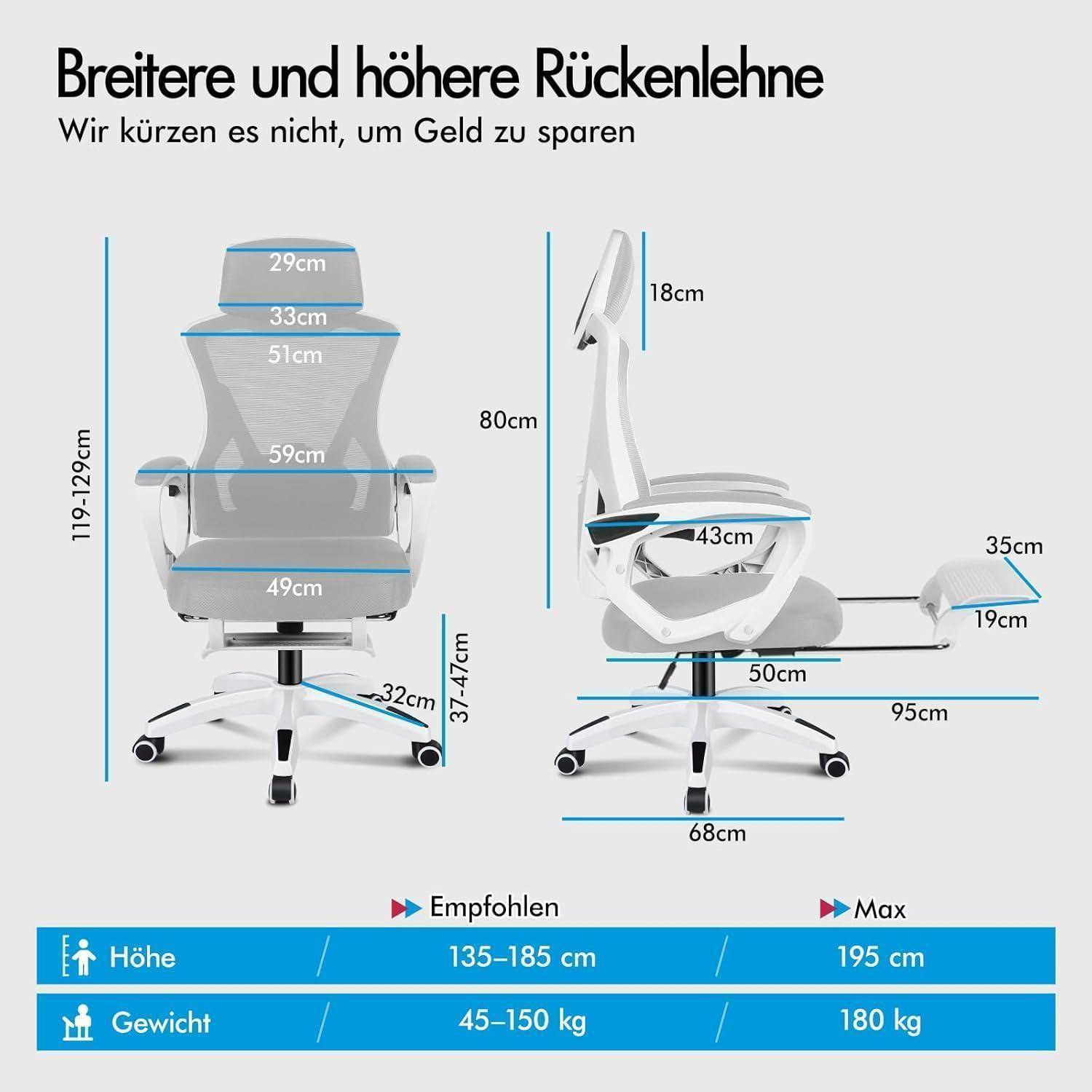 Ergonomischer Bürostuhl in blau-weißem Design mit verstellbaren Armlehnen, Kopfstütze und Fußablage. Höhe: 110-129 cm. Tragfähigkeit: 45-150 kg.