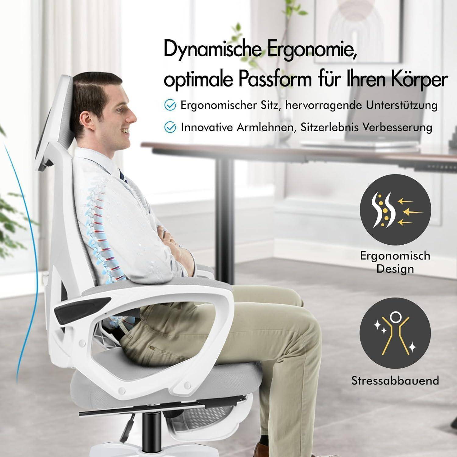 Eine Person, die in einem modernen ergonomischen Stuhl mit Lordosenstütze sitzt. Text hebt hervor: 'Dynamische Ergonomie, optimale Passform für Ihren Körper.