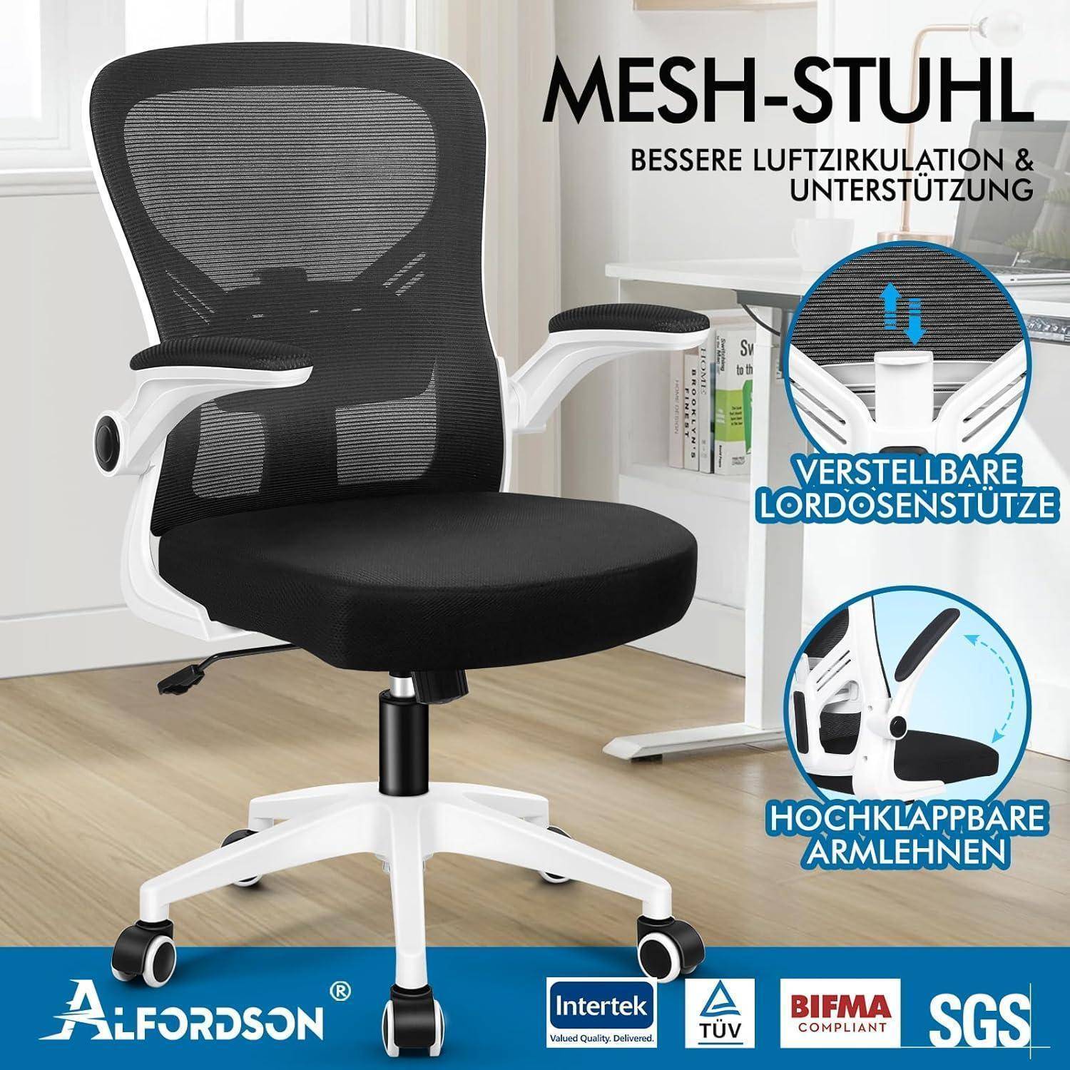 Schwarzer Netzstoff Bürostuhl mit verstellbarer Lendenwirbelstütze und hochklappbaren Armlehnen; Texthervorhebungen betonen bessere Rückenunterstützung. Marken: Alfordson, Intertek, TÜV, BIFMA, SGS.