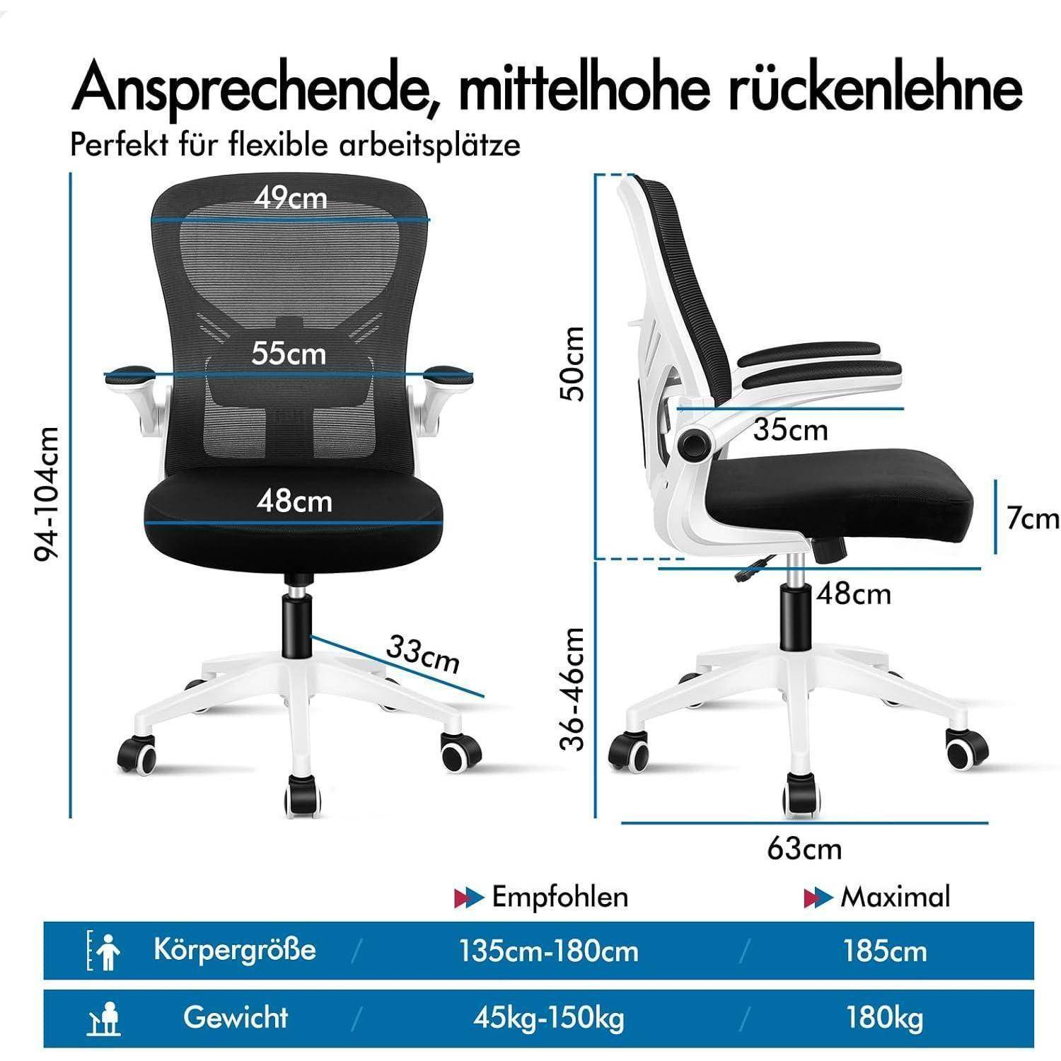 Bürostuhl mit mittlerer Rückenlehne, höhenverstellbar und mit verstellbaren Armlehnen. Abmessungen: Sitzfläche 48 cm breit, Höhe 36-46 cm. Geeignet für Gewichte von 45-185 kg.