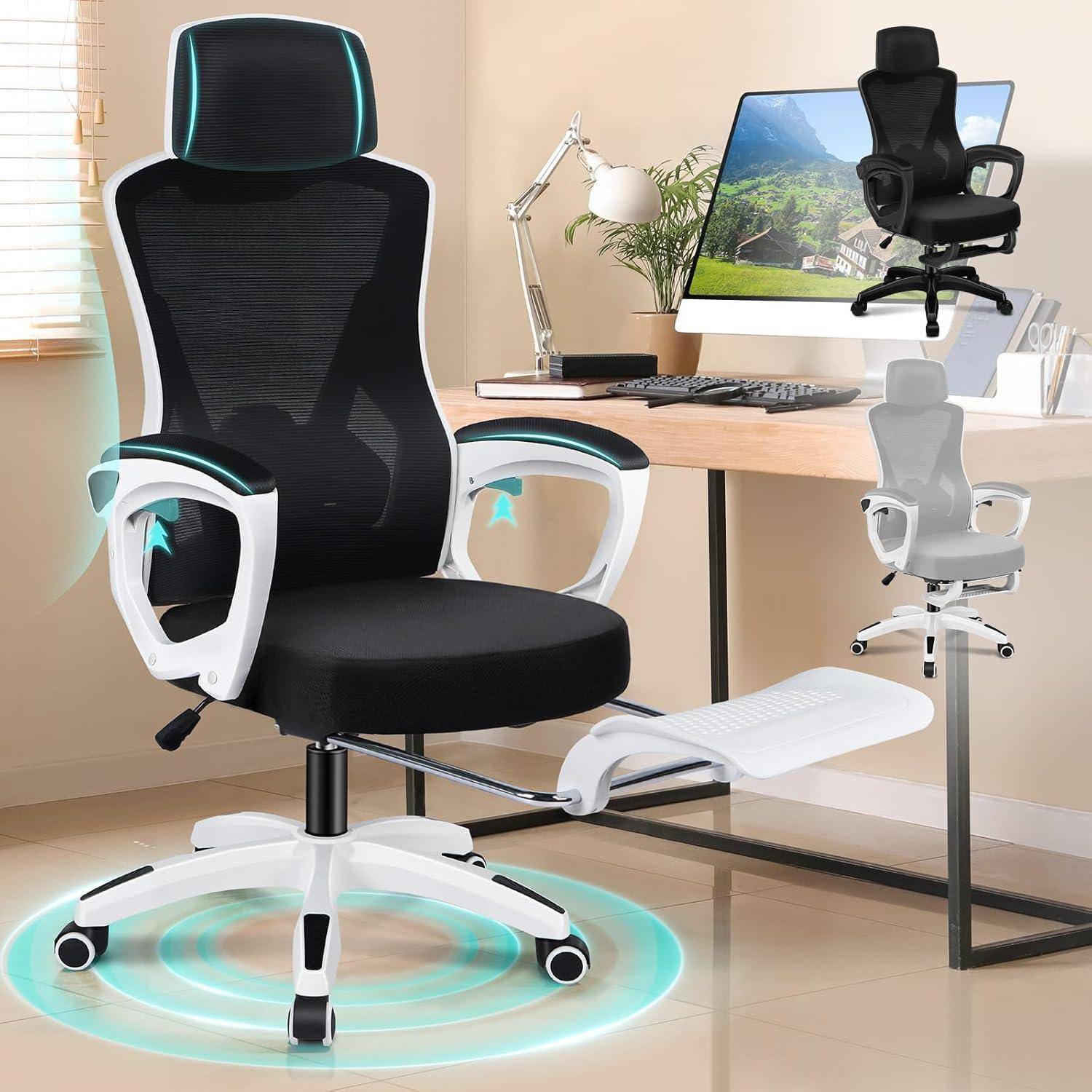 Ergonomischer Bürostuhl mit verstellbaren Armlehnen und Fußablage in einem Heimbüro mit Schreibtisch, Computer und Lampe.
