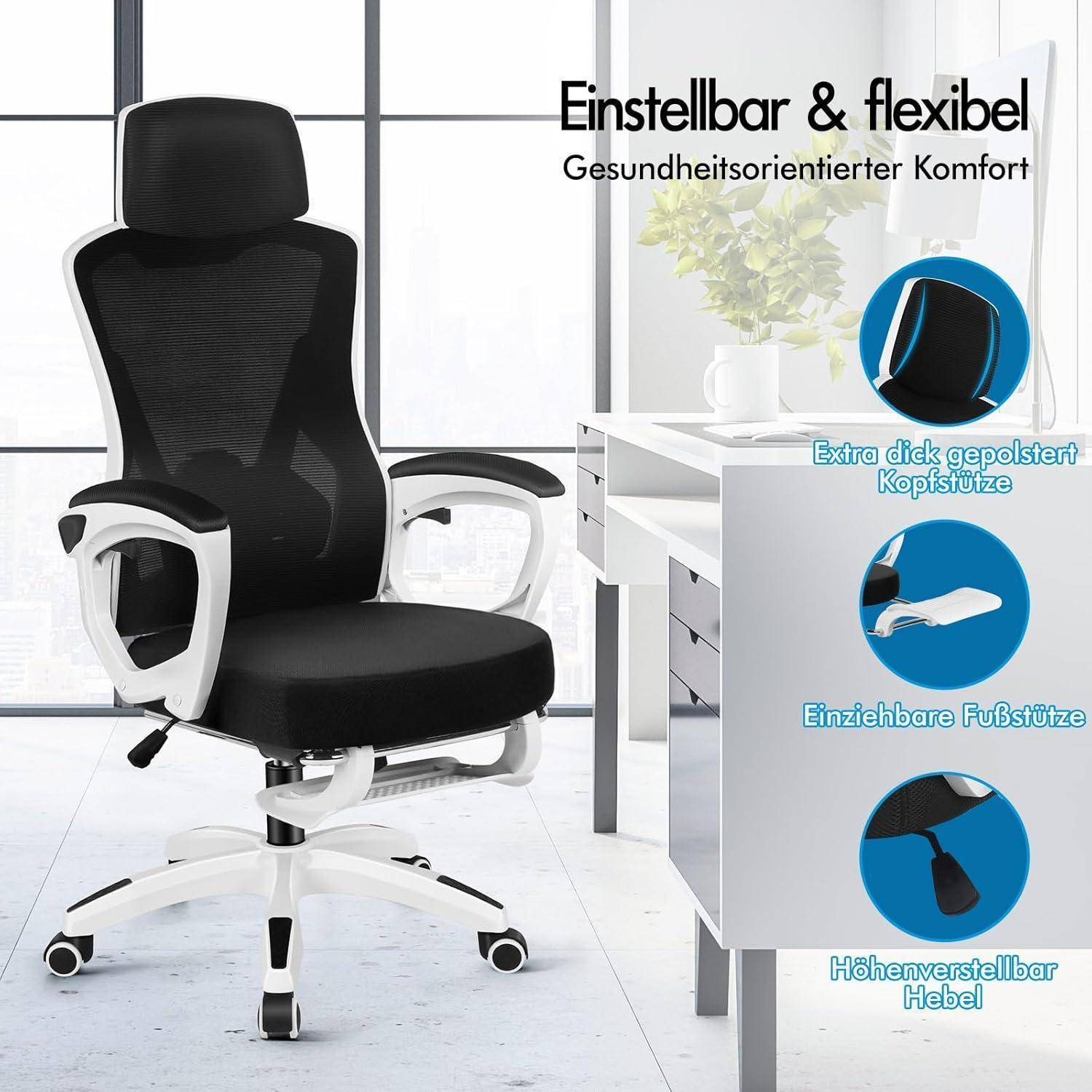 Bürostuhl mit Armlehnen und Kopfstütze neben einem Schreibtisch in einem modernen Raum. Zu den Merkmalen gehören eine verstellbare Kopfstütze, eine ausziehbare Fußstütze und ein Höhenverstellhebel. Text auf Deutsch zeigt: 