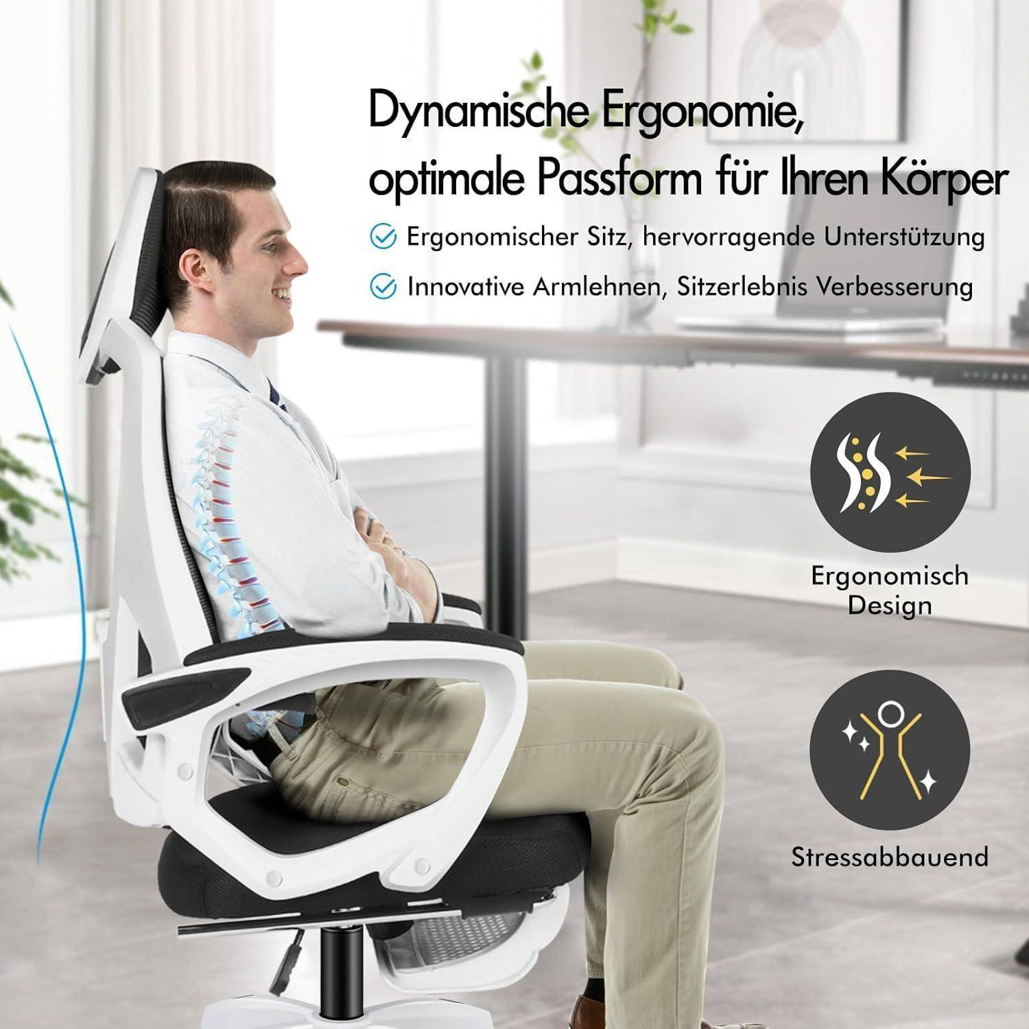 Ein Mann, der auf einem modernen ergonomischen Bürostuhl an einem Schreibtisch sitzt und dabei die dynamischen ergonomischen Eigenschaften und Stressentlastungsmerkmale hervorhebt.