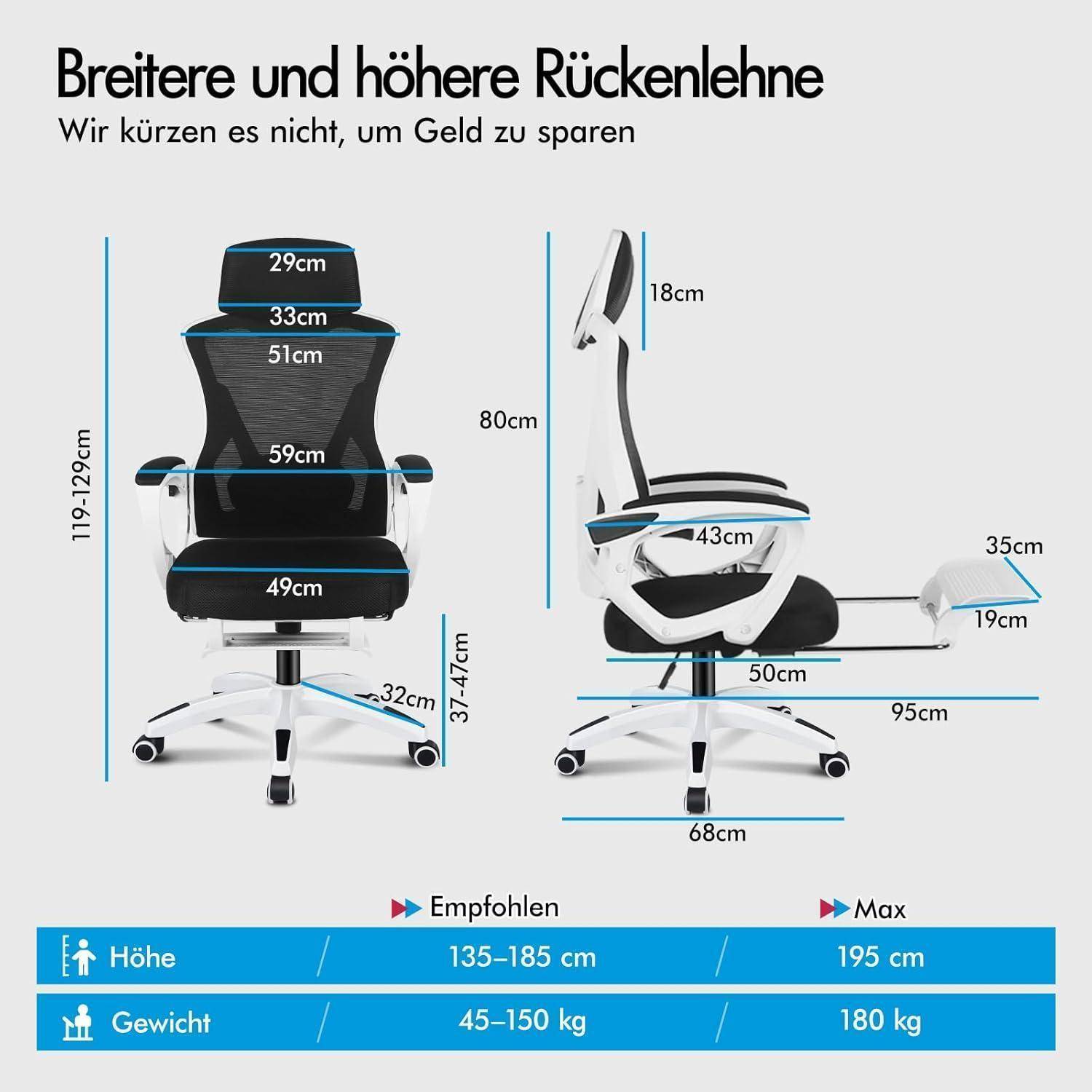 Ein ergonomischer Bürostuhl in Schwarz und Weiß mit beschrifteten Abmessungen: Höhe 110-129 cm, Sitzbreite 49 cm und Tiefe 43 cm. Merkmale: breitere und höhere Rückenlehne, verstellbare Sitzhöhe, Neigungsfunktion, klappbare Fußstütze. Empfohlen für Benutzer mit einer Größe von 135-185 cm und einem Gewicht von 45-150 kg.