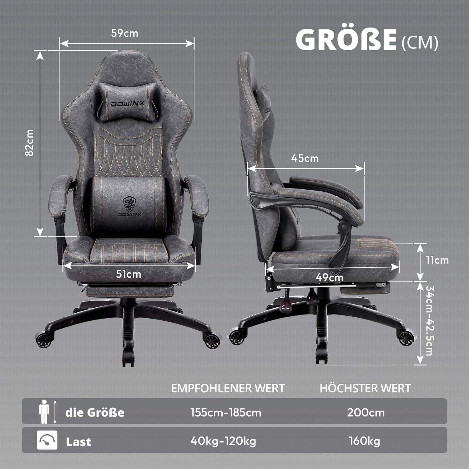 Gaming-Stuhl-Abmessungen in Zentimetern: Höhe 82 cm, Sitzbreite 59 cm, empfohlene Körpergröße 155-185 cm, maximale Belastung 160 kg.