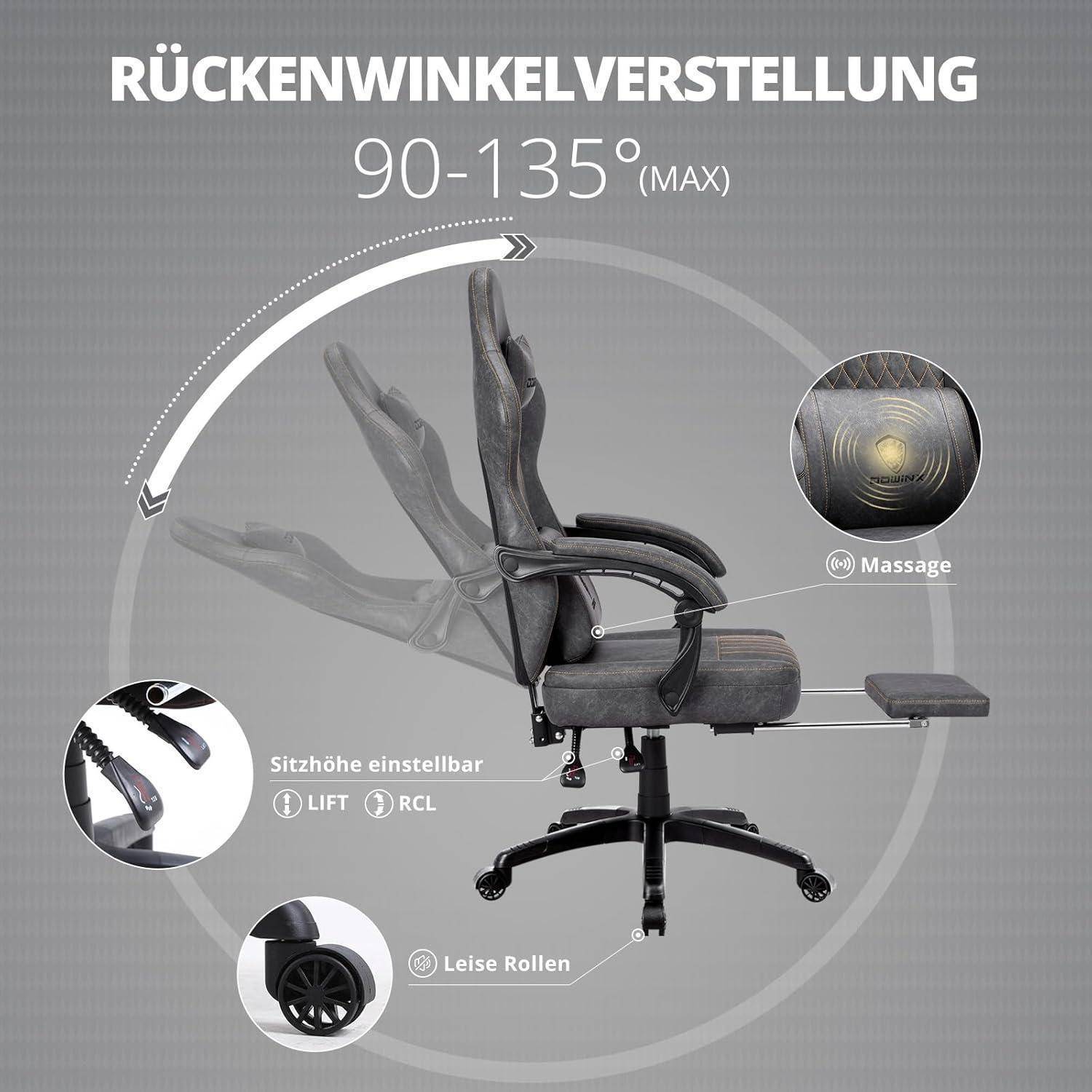 Bürostuhl mit verstellbarer Rückenlehne (90-135°), Massagefunktion und Fußstütze. Inklusive einstellbarer Sitzhöhe und geräuschleisen Rollen.
