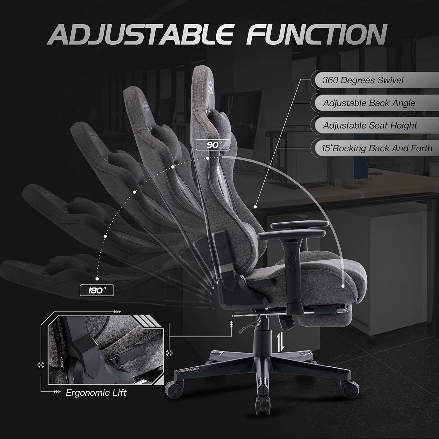 Bild eines Bürosessels mit verstellbaren Funktionen. Highlights umfassen 360-Grad-Drehung, verstellbare Sitzhöhe, 15-Grad-Wippfunktion und ergonomischen Hubmechanismus.