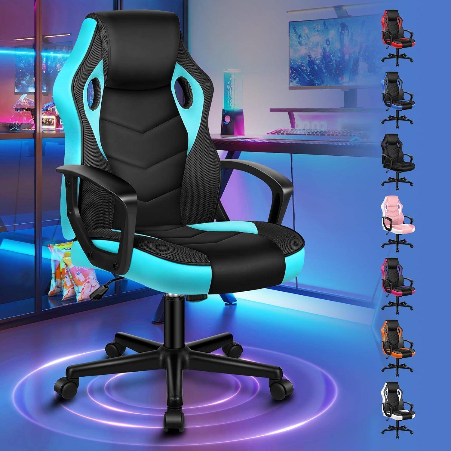 Ein schwarzer und blauer ergonomischer Gaming-Stuhl mit Kopfstütze und Armlehnen in einem modernen Gaming-Setup. Zusätzliche Farboptionen sind rechts dargestellt.