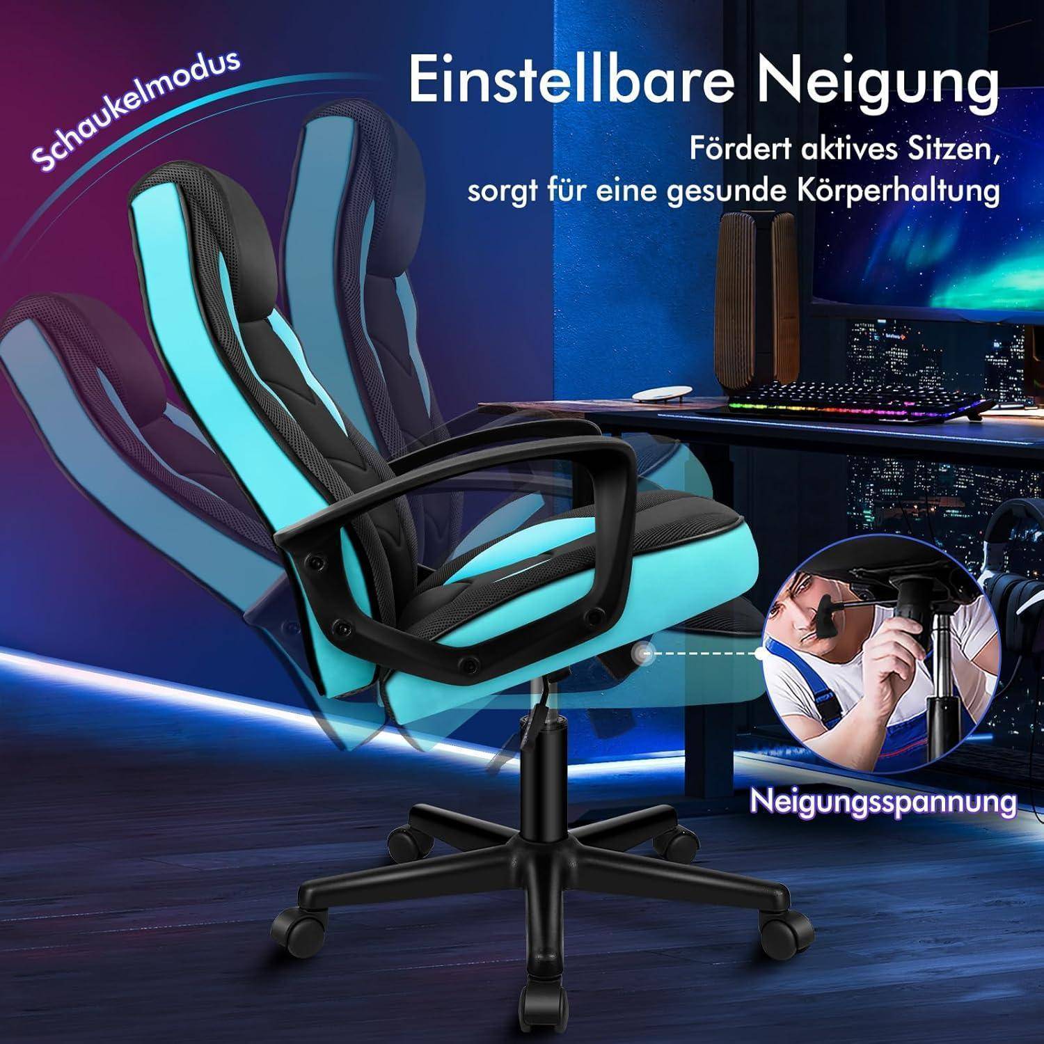 Ergonomischer Bürostuhl mit verstellbarer Neigungsfunktion, der eine gesunde Körperhaltung fördert. Die Illustration zeigt den Stuhl in verschiedenen Neigungspositionen.