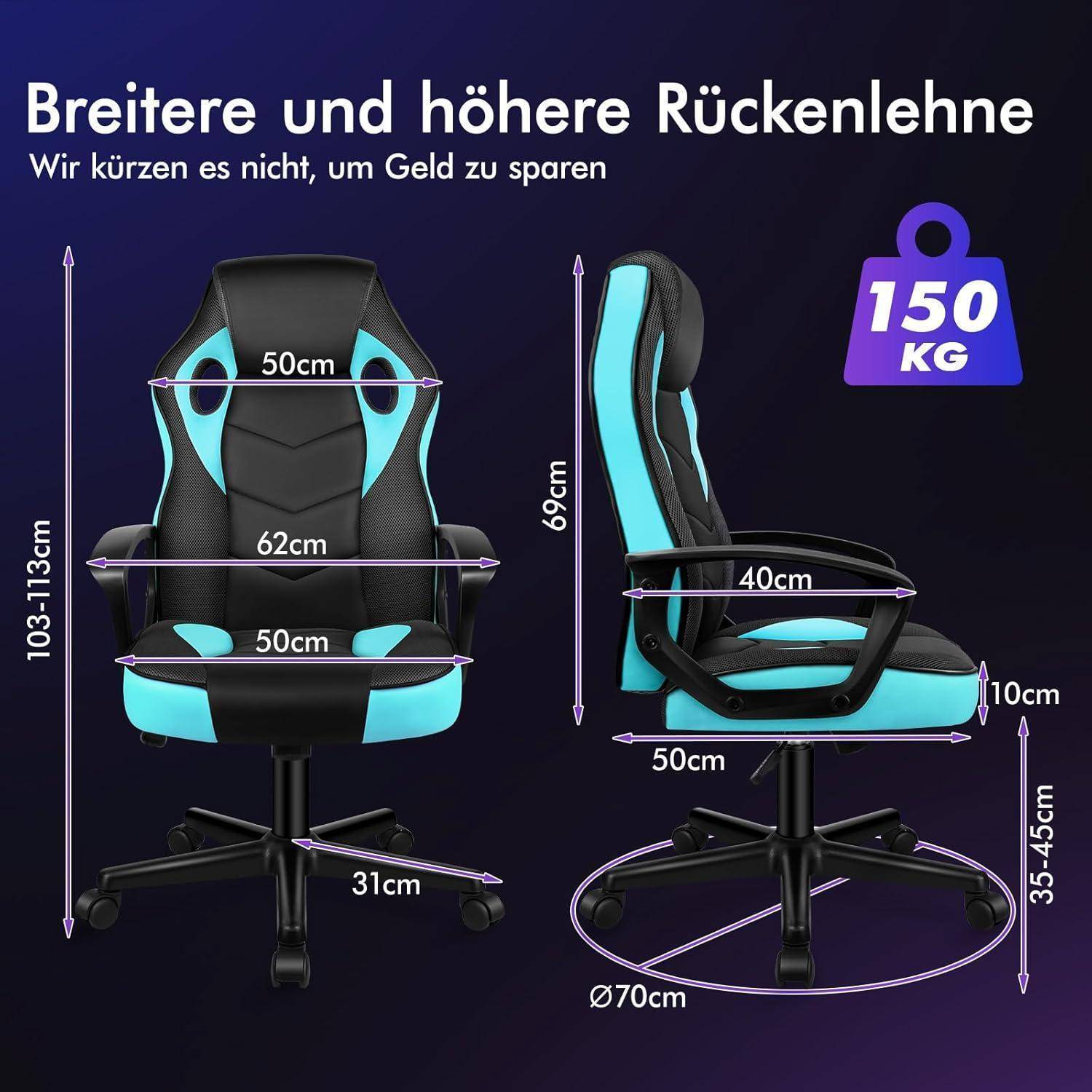 Das Bild zeigt einen Gaming-Stuhl mit in Deutsch beschrifteten Abmessungen. Die Tragfähigkeit des Stuhls beträgt 150 kg, mit verstellbarer Rückenlehne und Sitzhöhe.
