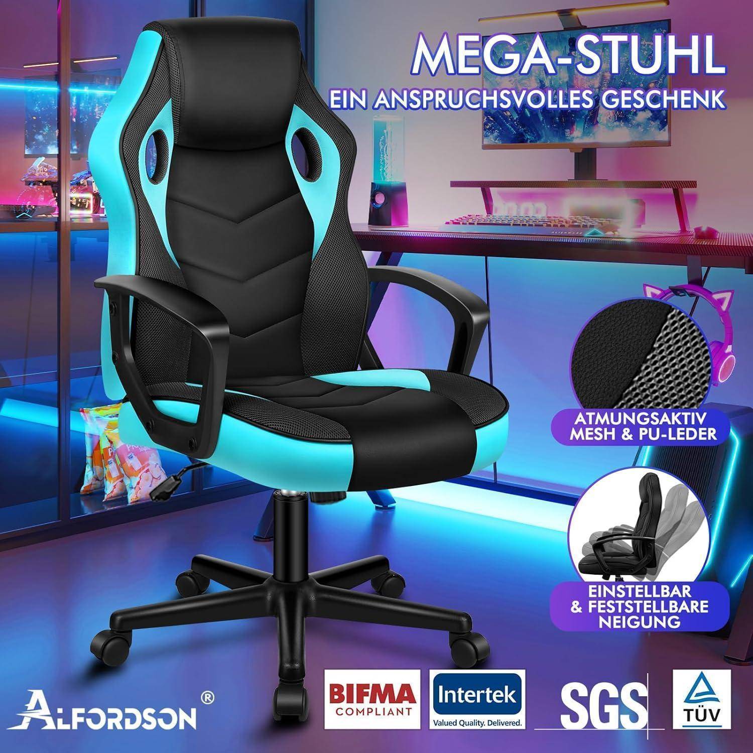 Ein blauer und schwarzer Gaming-Stuhl in einem technologisch gestalteten Raum. Hervorgehobene Merkmale umfassen atmungsaktives Mesh-Gewebe, verstellbare Einstellungen und eine ergonomische Gestaltung.