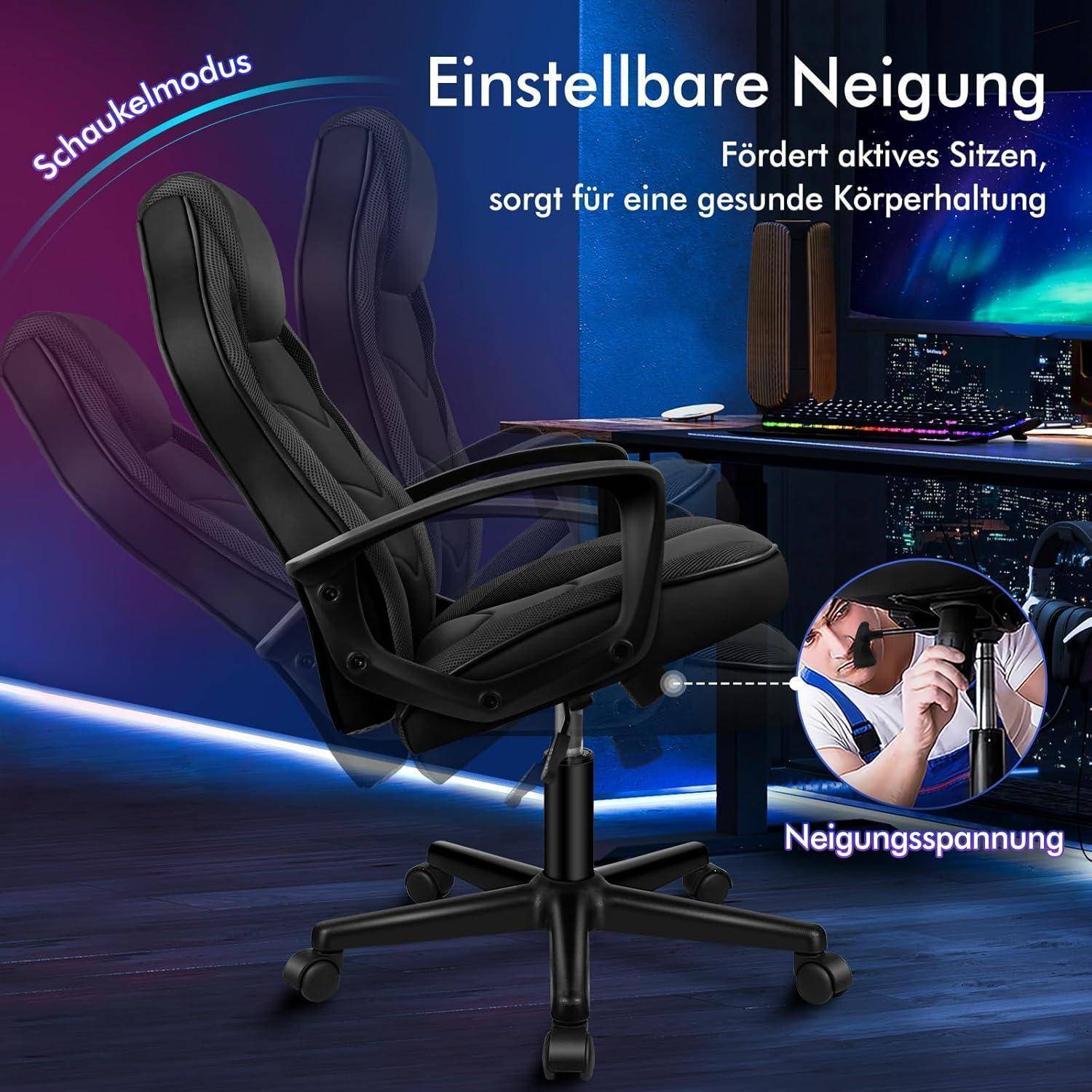 Ein schwarzer Bürostuhl mit verstellbarer Neigeeinrichtung wird gezeigt. Der Text betont die Vorteile des aktiven Sitzens für eine gesunde Körperhaltung.