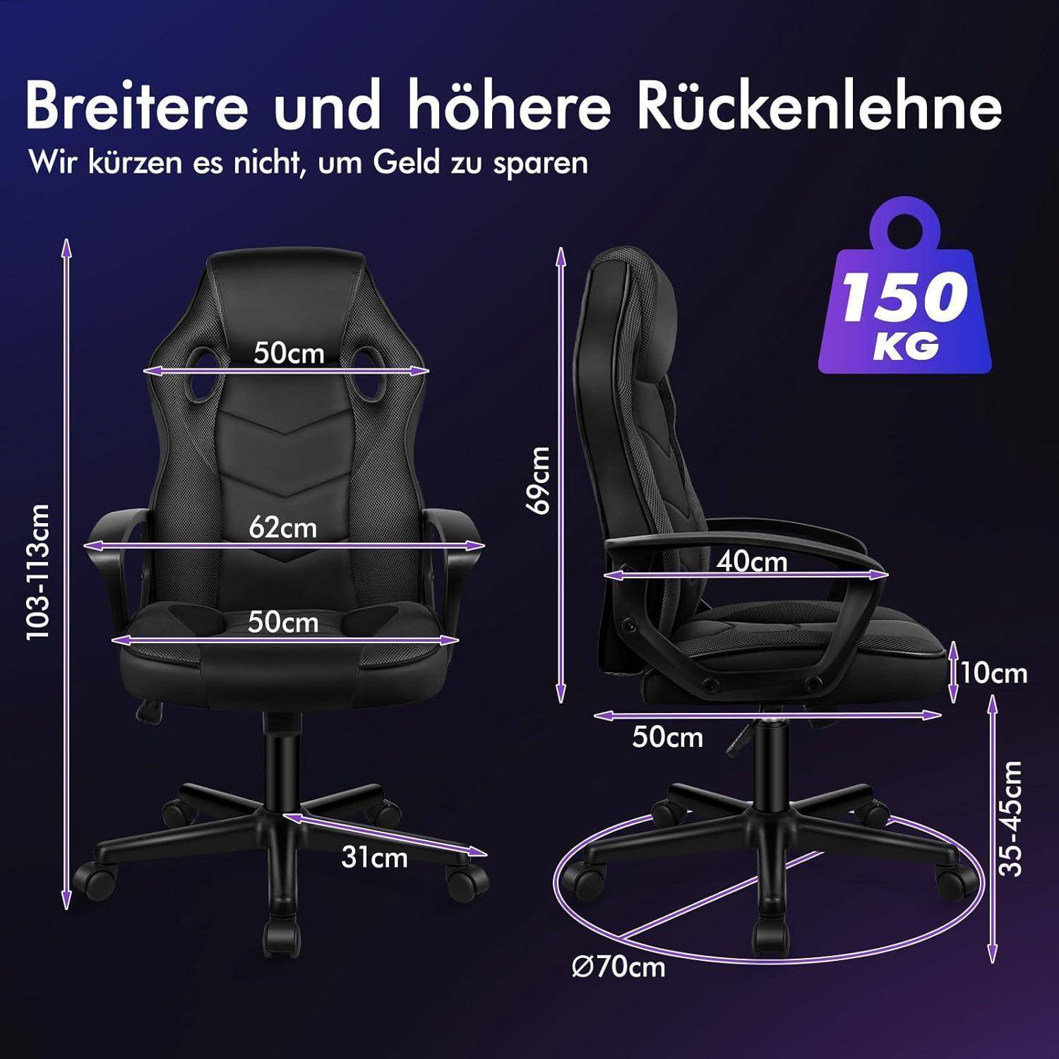 Zwei schwarze Bürostühle werden von vorne und der Seite gezeigt, wobei die Abmessungen hervorgehoben werden. Text lautet 'Breitere und höhere Rückenlehne' und '150 KG'.