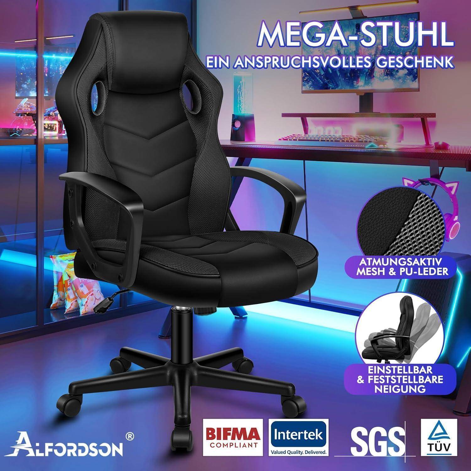 Schwarzer ergonomischer Bürostuhl mit verstellbaren Funktionen, als Premium-Geschenk hervorgehoben. Text betont Mesh- und PU-Ledermaterial.