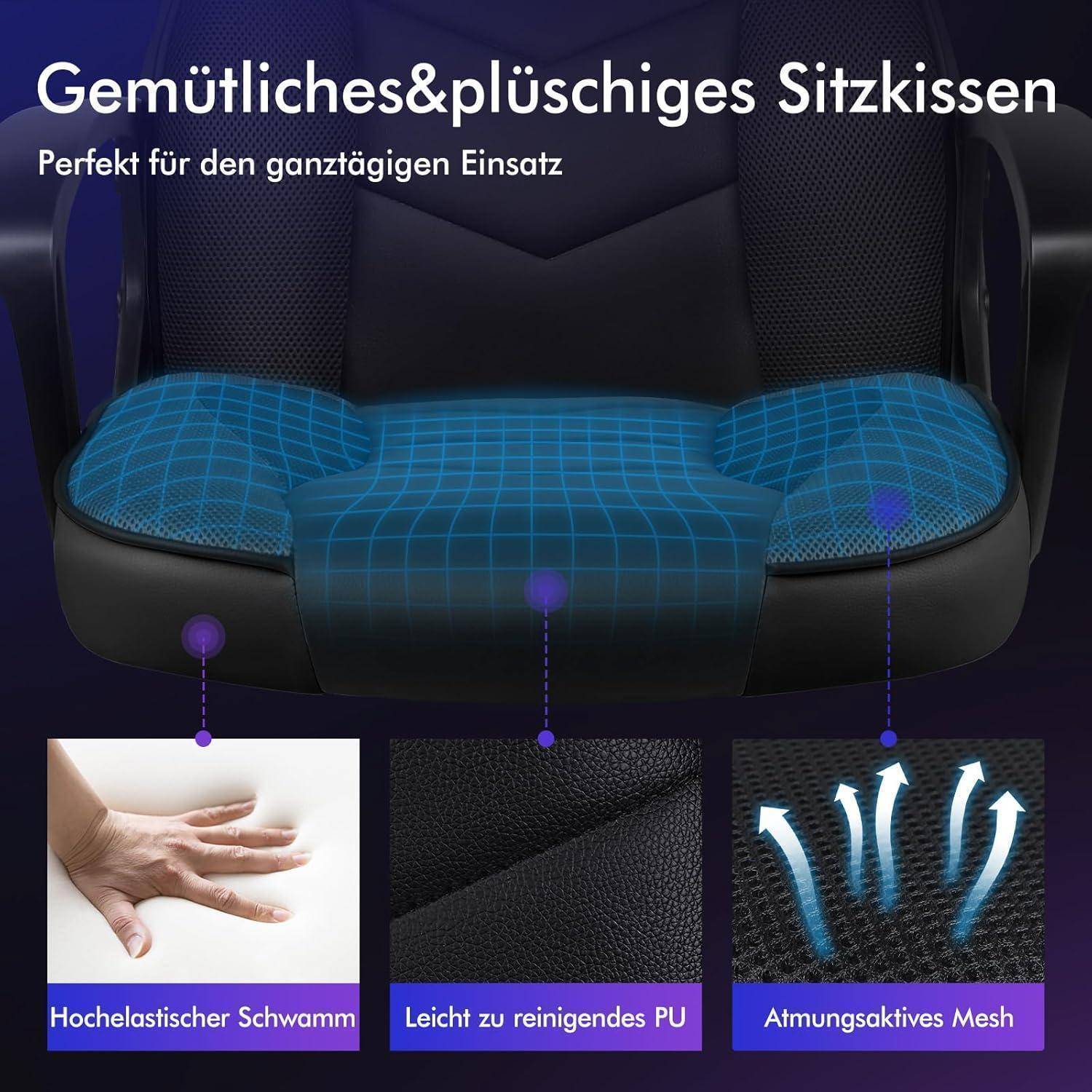 Gemütliches & plüschiges Sitzkissen mit blauer Polsterung, verspricht Komfort für ganztägigen Gebrauch; verfügt über hochelastischen Schwamm, leicht zu reinigendes PU und atmungsaktives Mesh.