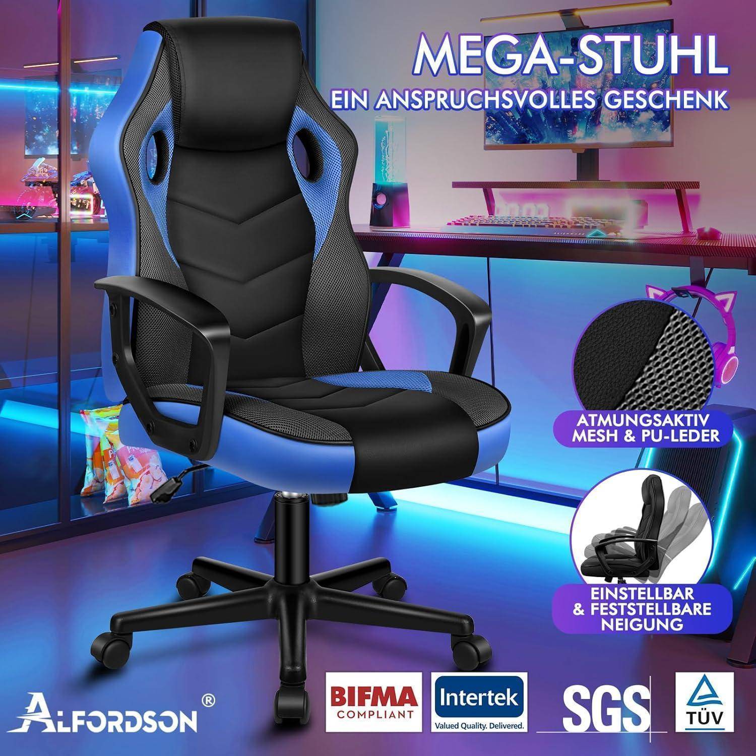 Ein Gaming-Stuhl in Schwarz und Blau mit Armlehnen und Mesh-Polsterung. Zu den Funktionen gehören verstellbare Höhe und Neigung.