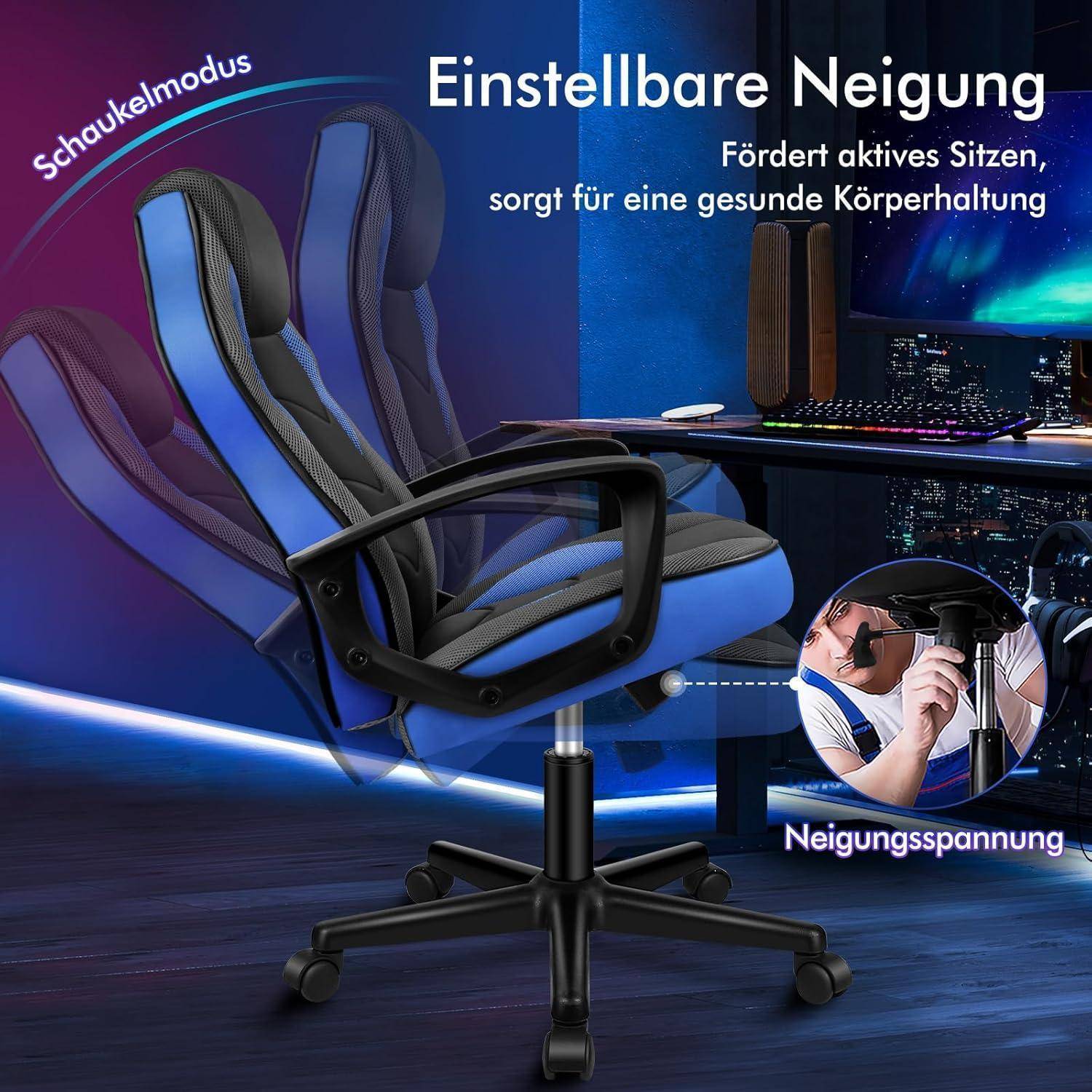 Ein moderner Bürostuhl mit verstellbarer Neigungsfunktion wird gezeigt. Er enthält Elemente zur Verbesserung der Körperhaltung. Beschriftungen veranschaulichen den Neigungsmechanismus und Montagdetails.