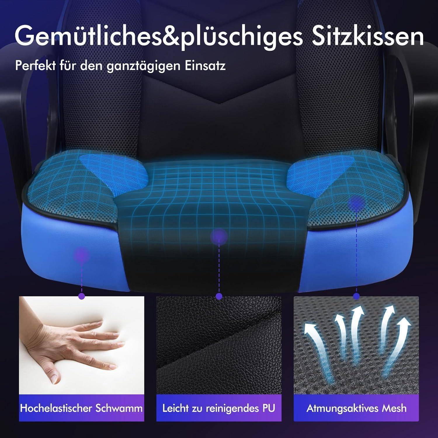 Ein blauer gepolsterter Sitz mit atmungsaktivem Netzgewebe wird für Komfort hervorgehoben. Textbezeichnungen betonen hohe Elastizität, leicht zu reinigendes Material und Atmungsaktivität.
