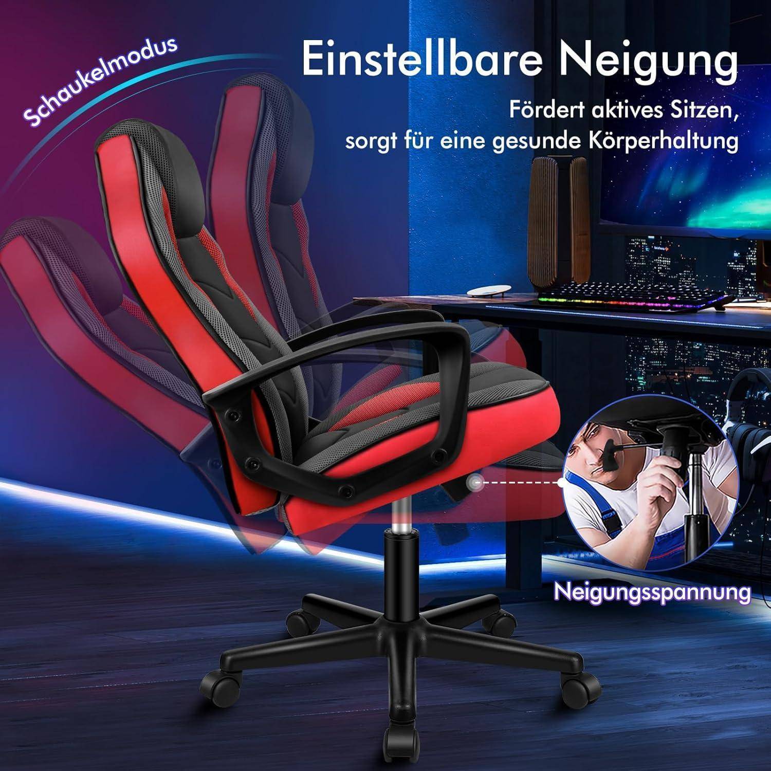 Ein ergonomischer Bürostuhl mit verstellbarer Neigung in Rot und Schwarz, der verschiedene Rekliniermöglichkeiten demonstriert. Text bewirbt dynamisches Sitzen für eine gesunde Körperhaltung.
