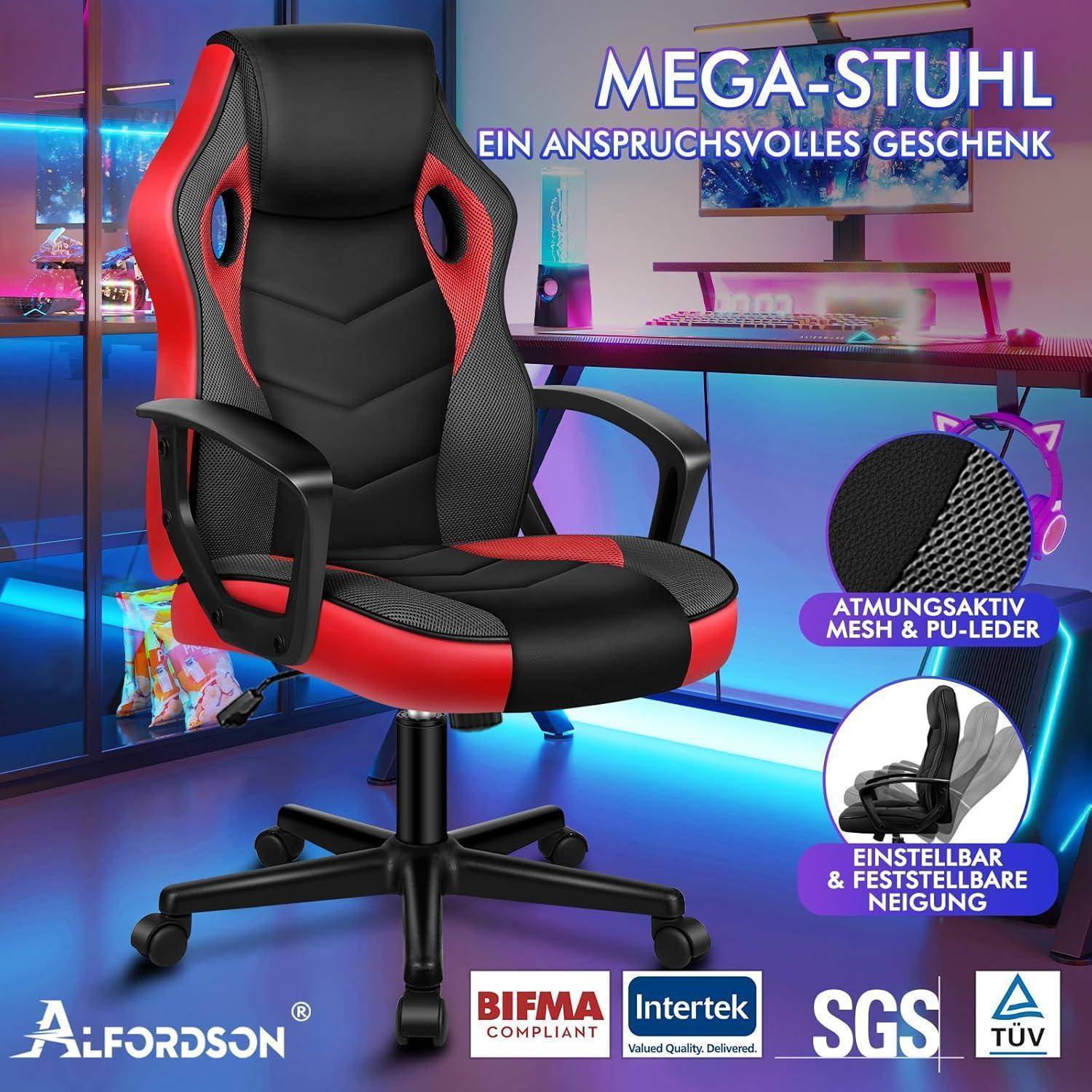 Ein schwarzer und roter ergonomischer Bürostuhl mit verstellbaren Funktionen wird in einem Gaming-Setup hervorgehoben. Der Text bewirbt den 'Mega-Stuhl' als ausgefeiltes Geschenk und betont dabei seine Atmungsaktivität und verschiedene Zertifizierungen.