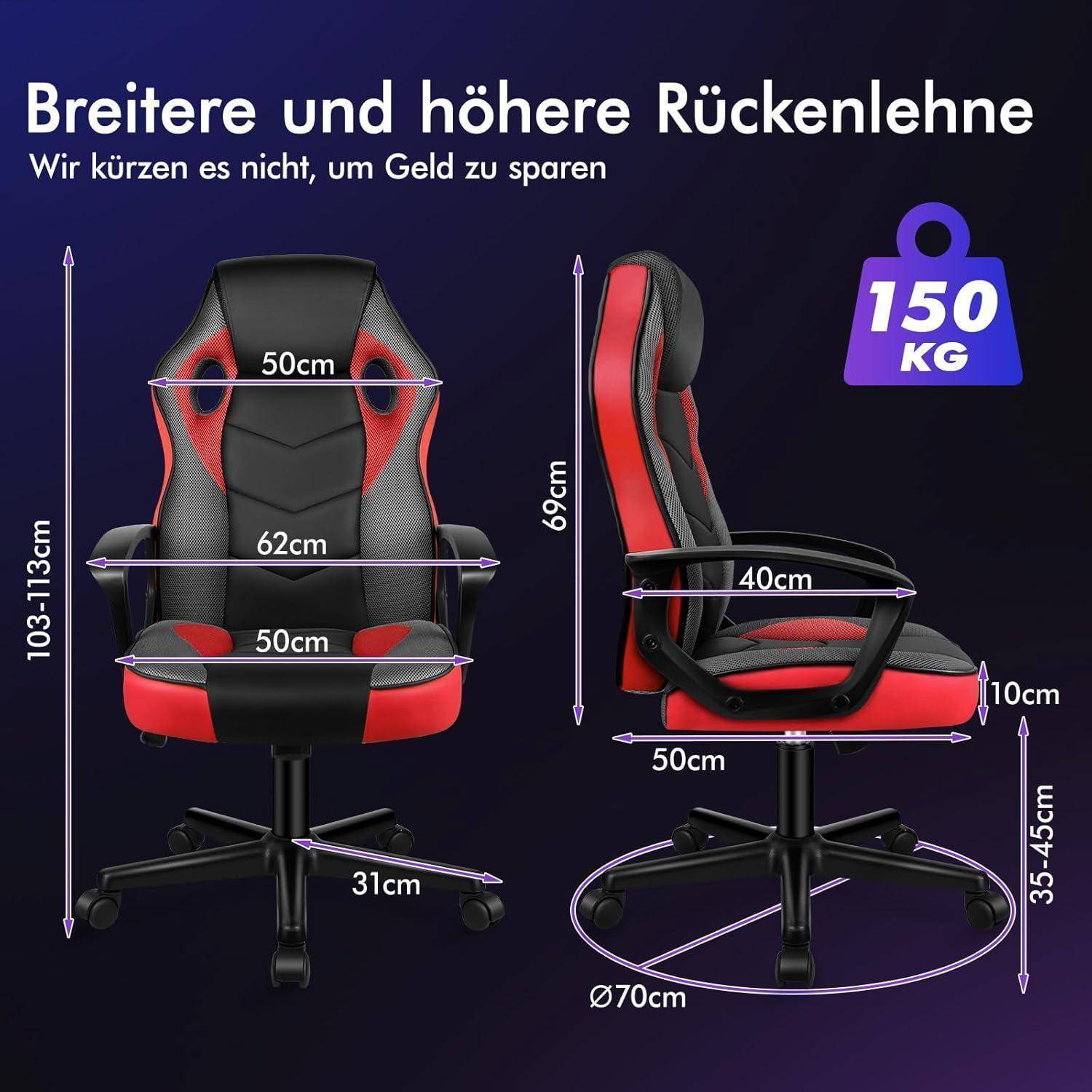 Breitere und höhere Rückenlehne' mit einem ergonomischen Stuhl und Maßen: Rückenlehne Höhe 103-113 cm, Breite 62 cm; Sitztiefe 50 cm, Breite 40 cm. Unterstützt 150 kg.