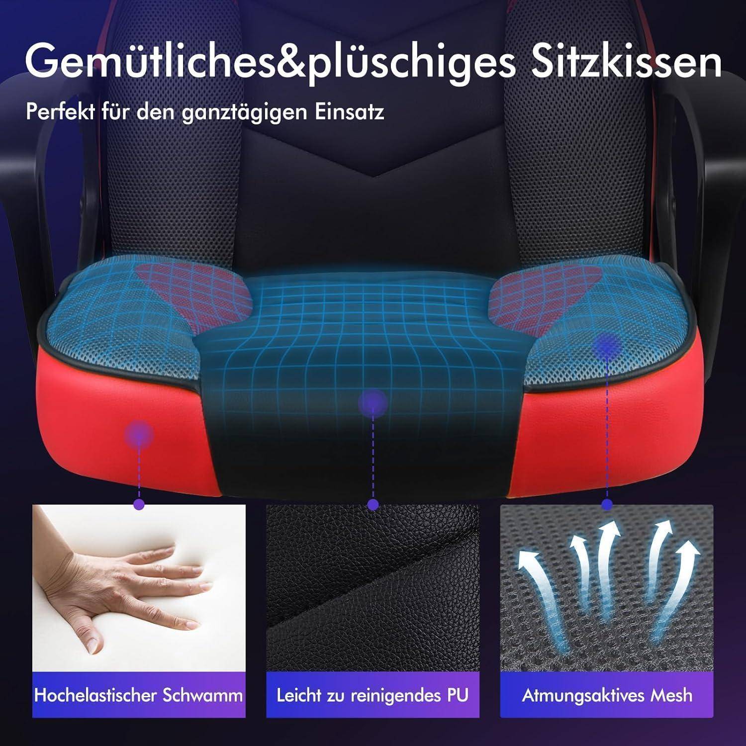 Bequemes Sitzkissen für einen Stuhl, ausgestattet mit atmungsaktivem Netzgewebe, elastischem Schwamm und leicht zu reinigendem PU. Text auf Deutsch beschreibt die Nutzung den ganzen Tag über.