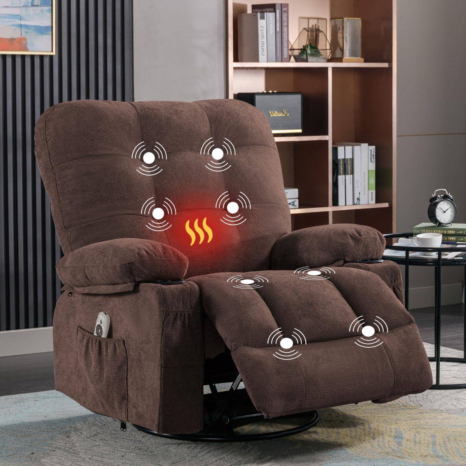 Ein brauner Massagesessel, der in einem Wohnzimmer steht und auf dem Rücken, Sitz und Beinen Vibrationssymbole zeigt, mit einem roten Hitzesymbol im unteren Rückenbereich.