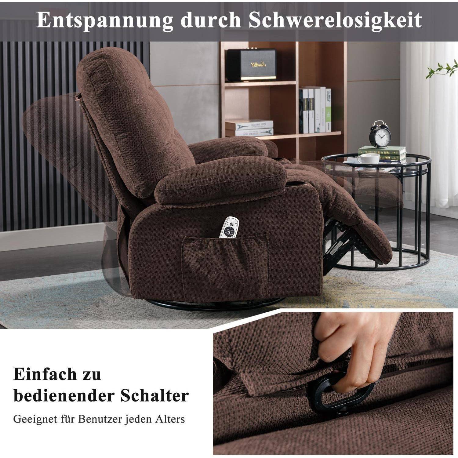 Ein brauner Liegestuhl, der in einem modernen Wohnzimmer platziert ist. Text lautet 'Entspannung durch Schwerelosigkeit' und 'Einfach zu bedienender Schalter. Geeignet für Benutzer jeden Alters.