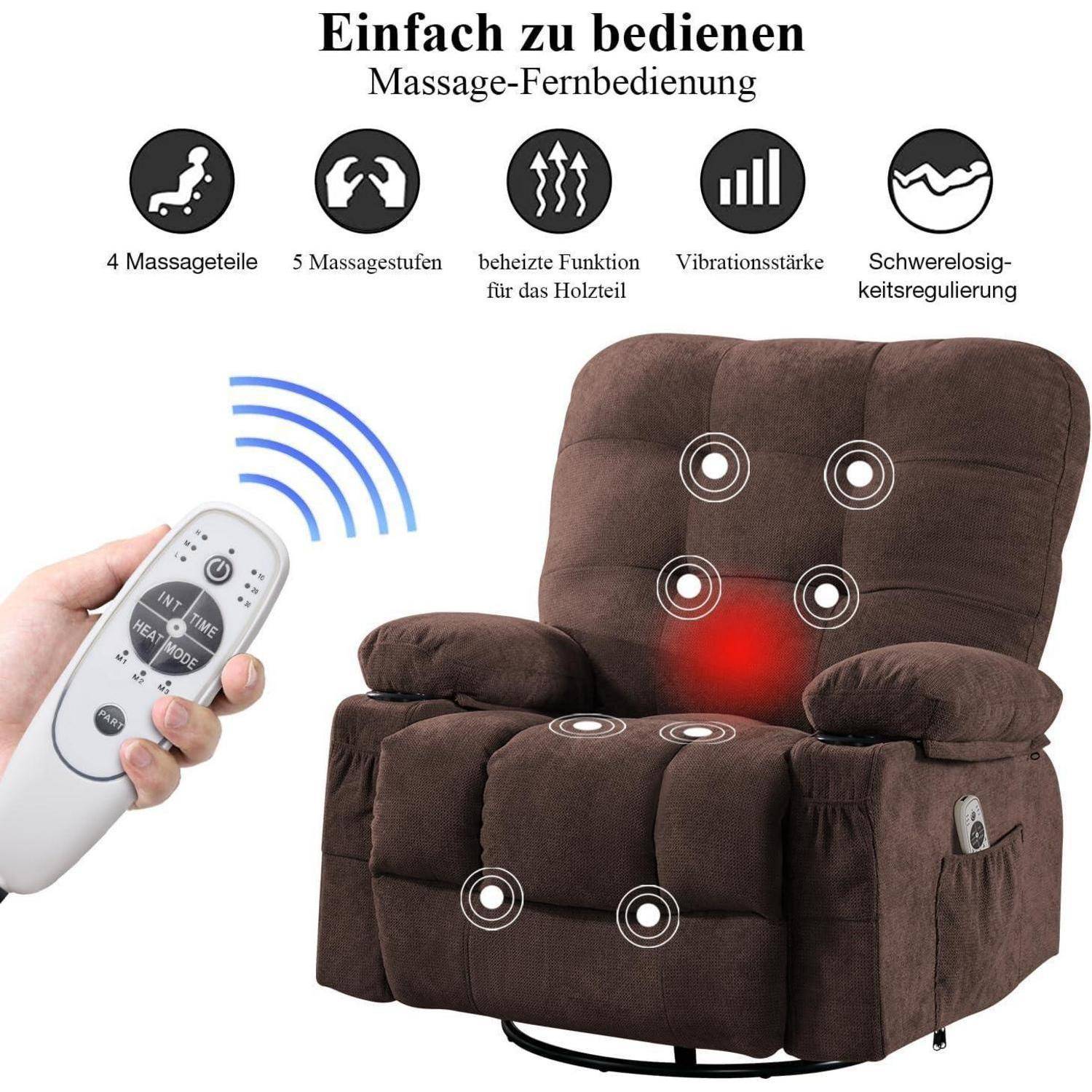 Ein brauner Massagesessel mit Relaxfunktion, der mit beschrifteten Massagepunkten und verstellbaren Einstellungen ausgestattet ist und mit einer Fernbedienung für einfache Bedienung gezeigt wird.