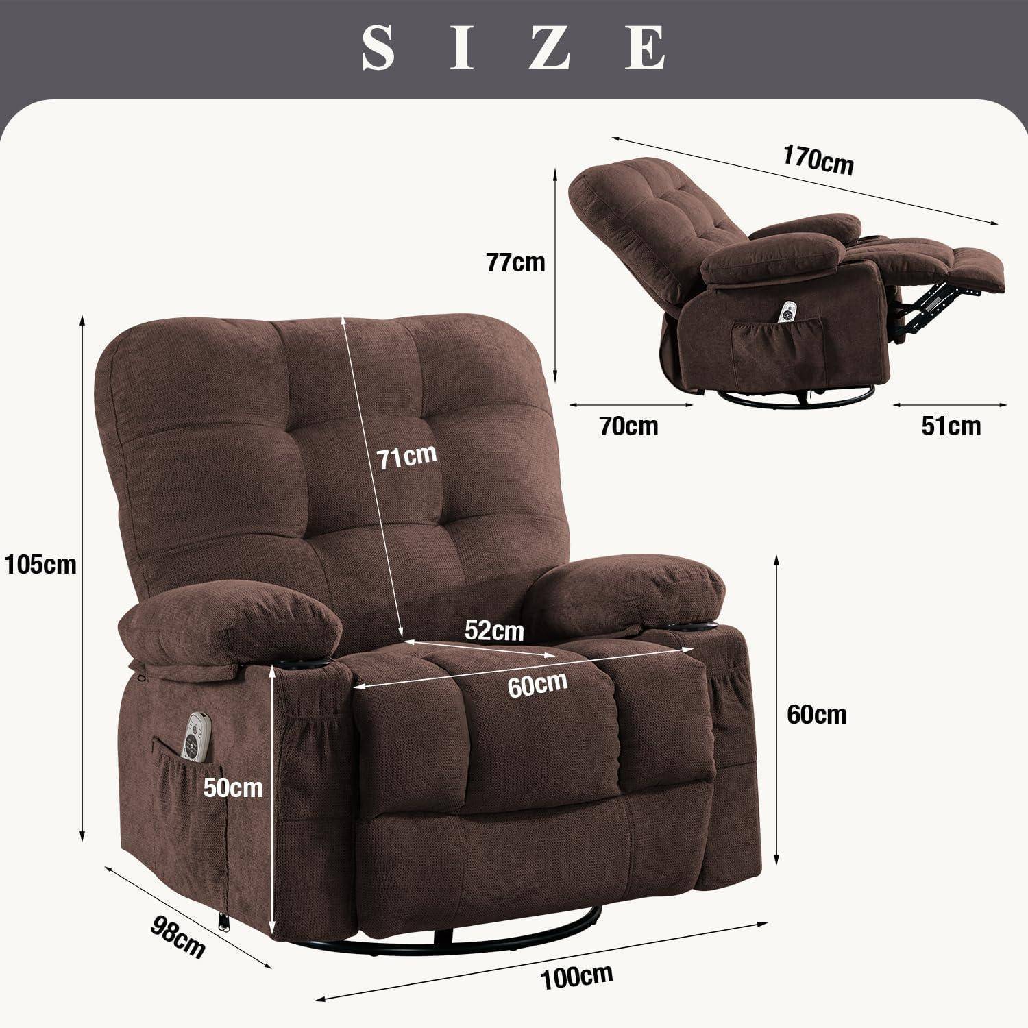 Relaxsessel-Abmessungen: Höhe 105 cm, Breite 98 cm, Sitzbreite 52 cm, Rückenhöhe 71 cm, Tiefe 100 cm. Ausgestreckter Länge 170 cm.