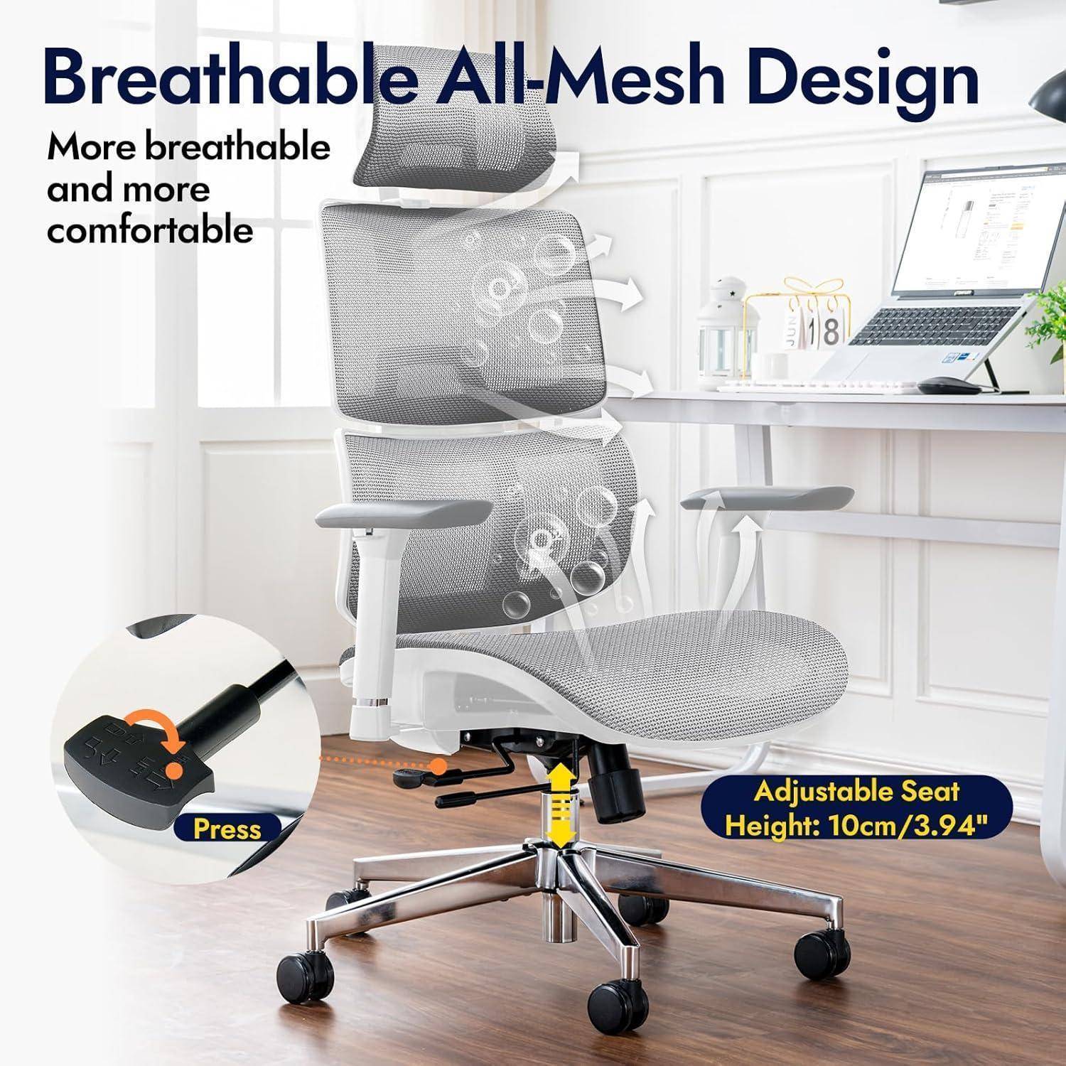Ergonomischer Bürostuhl mit verstellbarem Netzsitz und Netzrückenlehne, Kopfstütze und Armlehnen. Der Text betont das atmungsaktive Design und den Komfort.