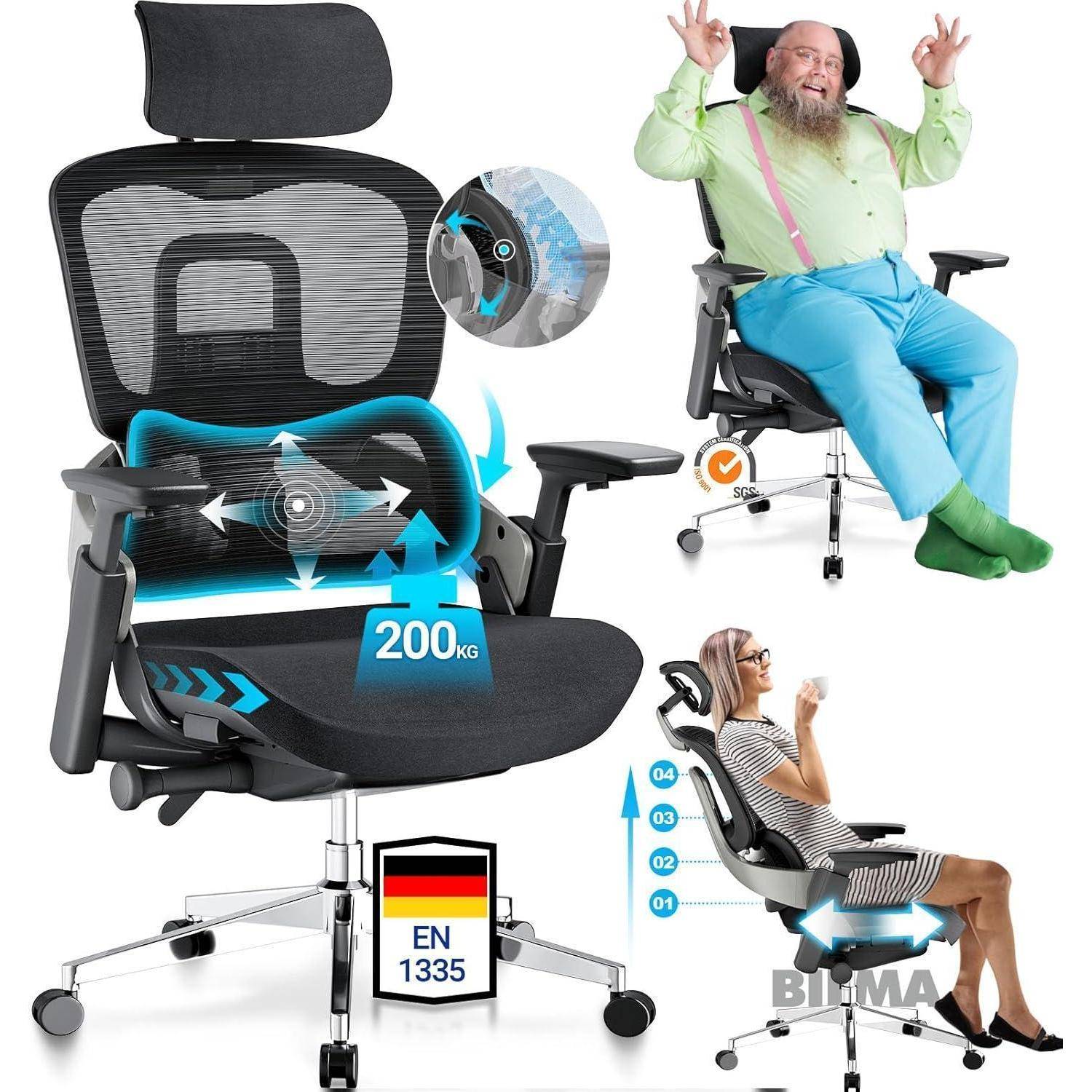 Ergonomischer Bürostuhl mit verstellbarer Kopfstütze, Lendenwirbelstütze und Neigungsfunktion. Zeigt eine Person, die bequem sitzt und die Vorteile des Stuhls veranschaulicht.