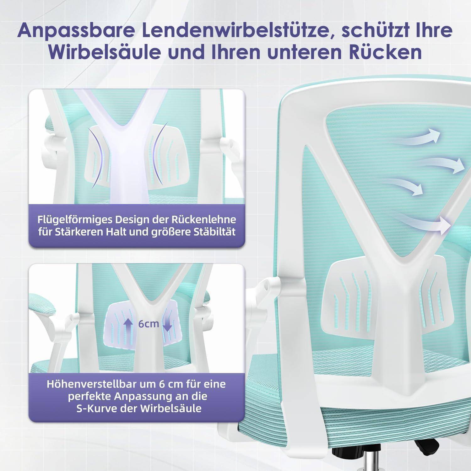 Ein Bürostuhl mit einstellbarer Lendenwirbelstütze und ergonomischem Design. Zu den Merkmalen gehören rückenflügelartige Rückenlehne und Höhenverstellung für Stabilität. Pfeilgrafiken veranschaulichen Luftzirkulation und Rückenunterstützung.