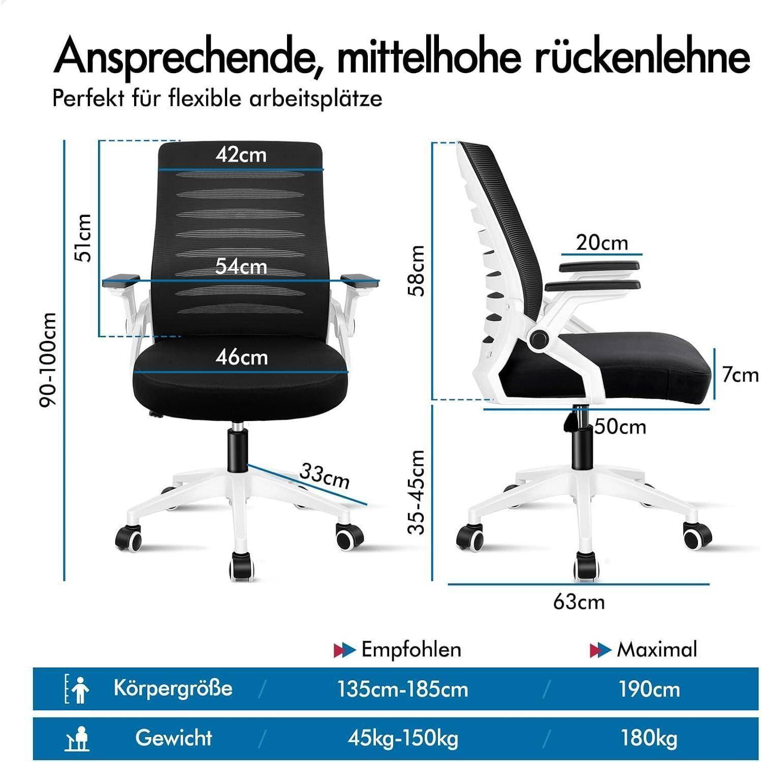 Office chair with dimensions: Backrest 51cm high, 46cm wide; Seat surface 54cm wide, 46cm deep. Recommended height 135cm-185cm, weight 45kg-150kg.