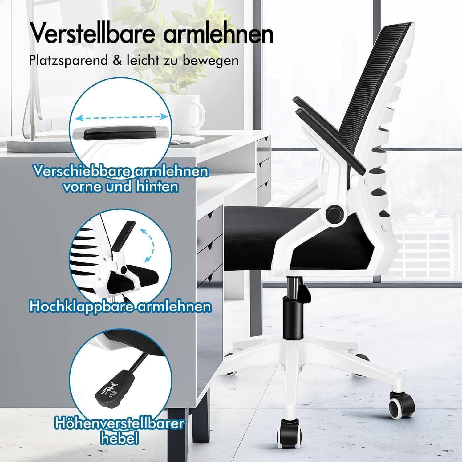 Ein Bürostuhl mit verstellbaren Armlehnen. Highlights umfassen nach vorne und hinten verschiebbare Armlehnen, klappbare Armlehnen und Höhenverstellbarkeit.