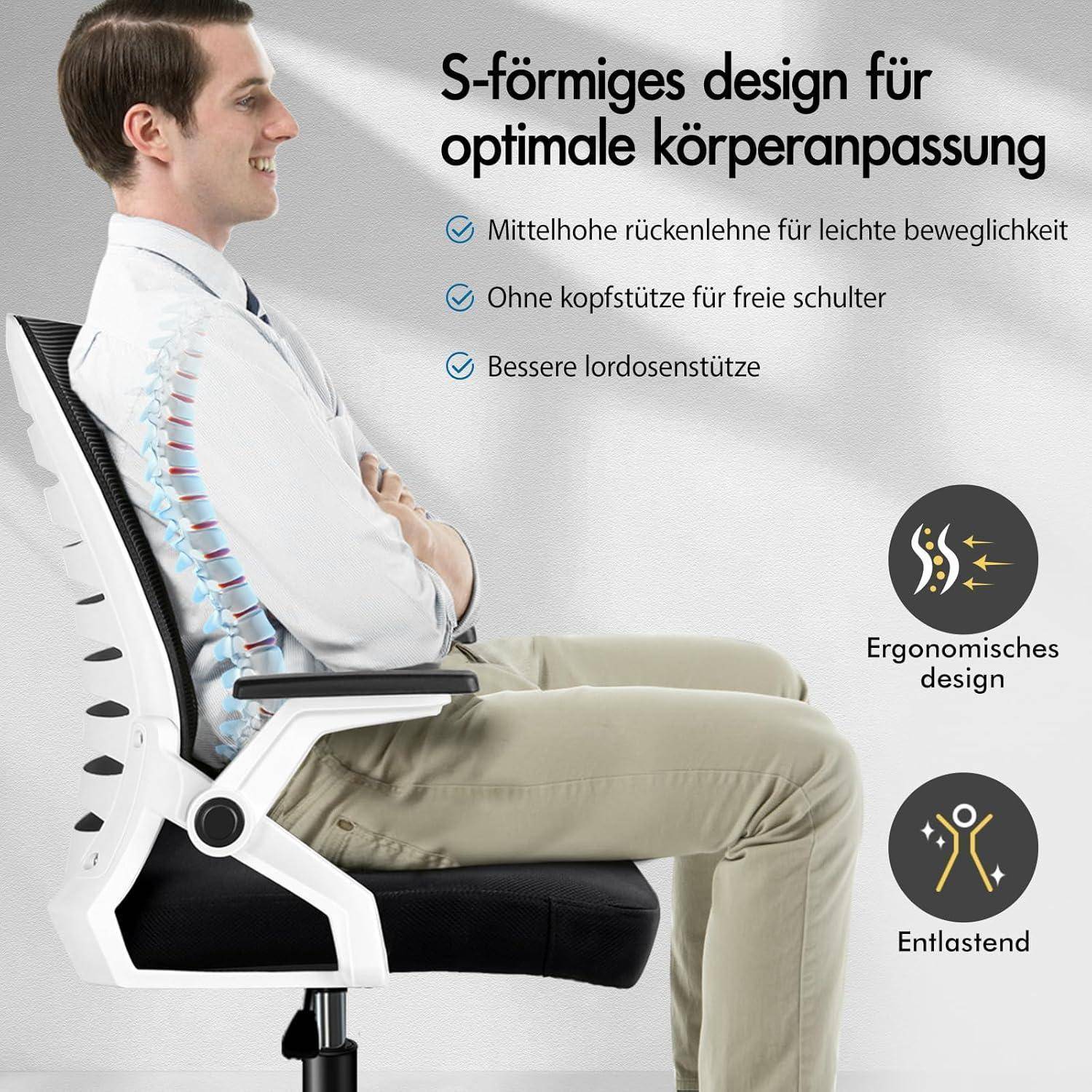 Eine Person, die auf einem ergonomischen Stuhl sitzt, mit hervorgehobenem Wirbelsäulenstützbereich, der ein 'S-förmiges Design für optimale Körperanpassung' veranschaulicht.