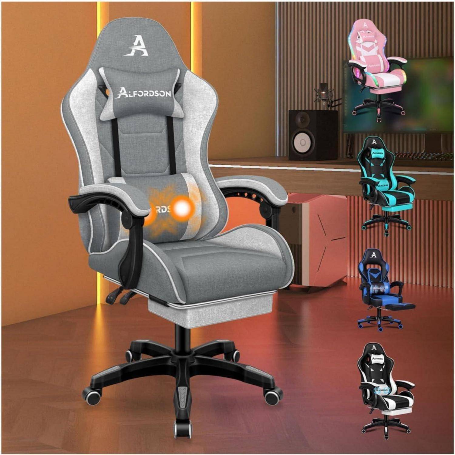 Bürostuhl Gaming Stuhl Massage Fußstütze Lendenkissen Grau Thor-Serie