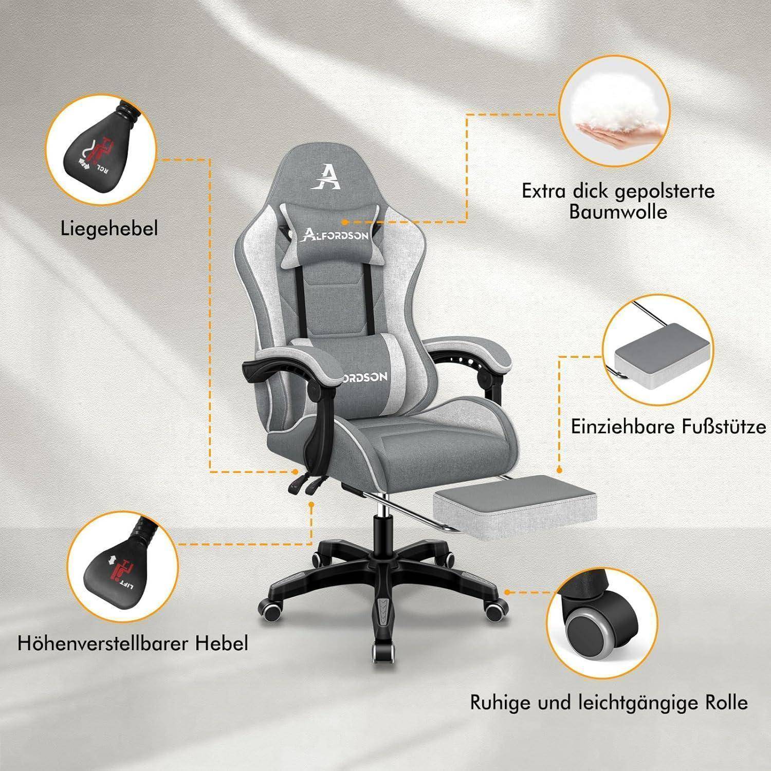 Bürostuhl Gaming Stuhl Massage Fußstütze Lendenkissen Grau Thor-Serie