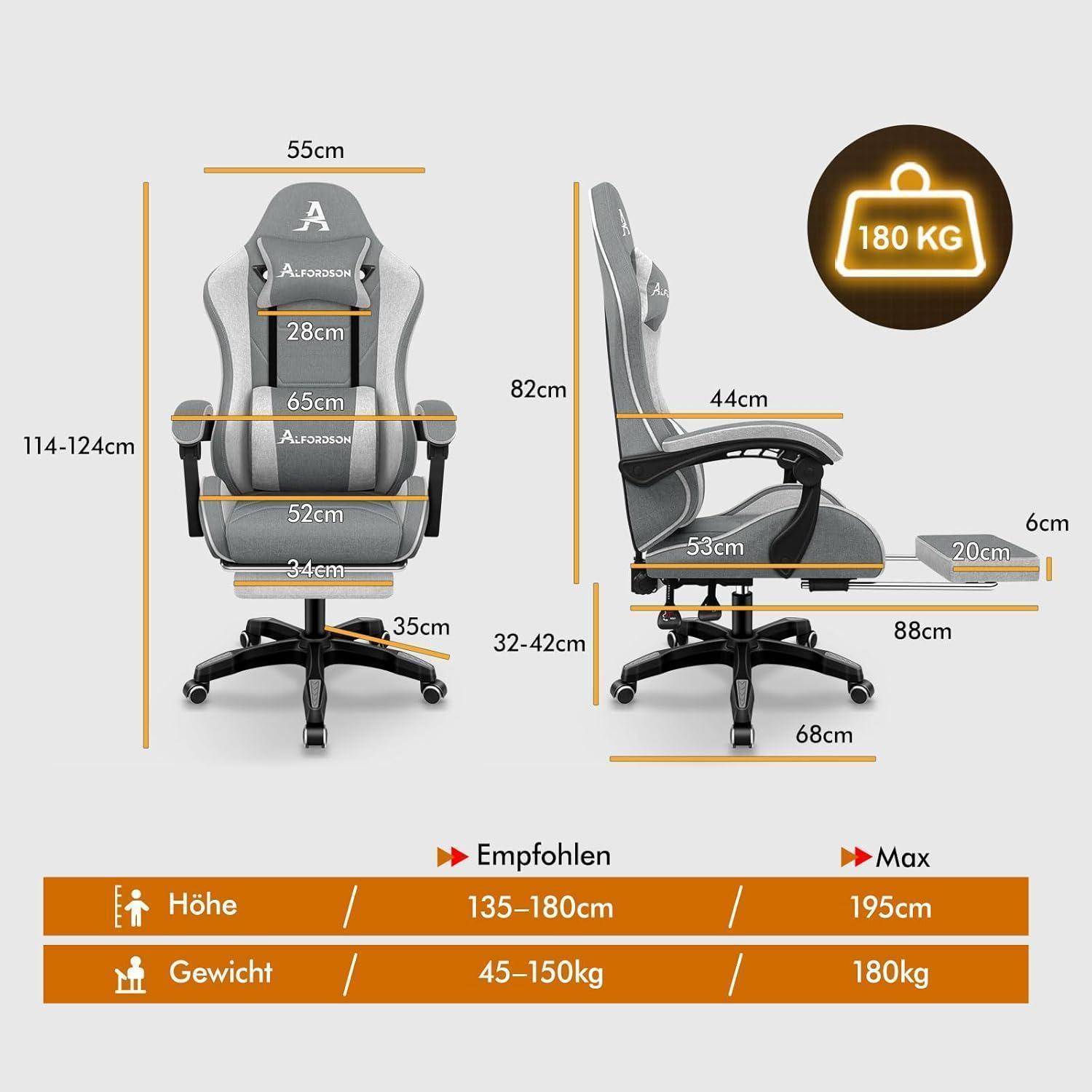 Bürostuhl Gaming Stuhl Massage Fußstütze Lendenkissen Grau Thor-Serie