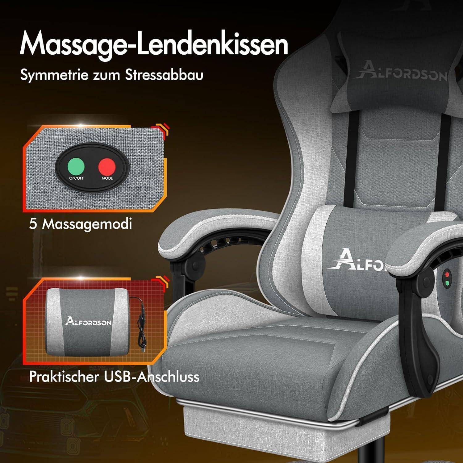 Bürostuhl Gaming Stuhl Massage Fußstütze Lendenkissen Grau Thor-Serie