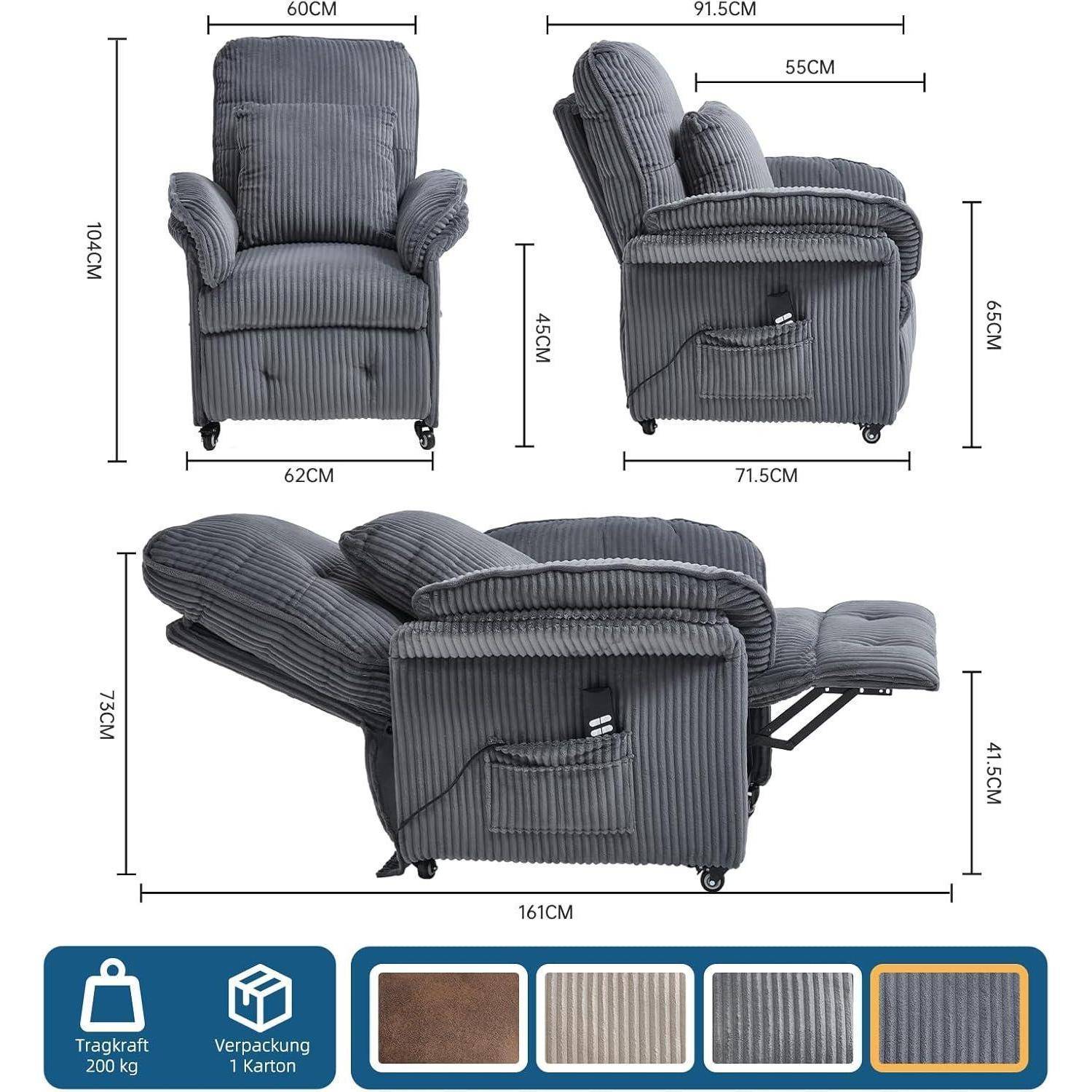 Grauer Relaxsessel mit Abmessungen: Höhe 101 cm, Sitzbreite 60 cm und Tiefe 91,5 cm. Ausklappbare Länge im Liegen 161 cm. Verfügt über Fernbedienung.