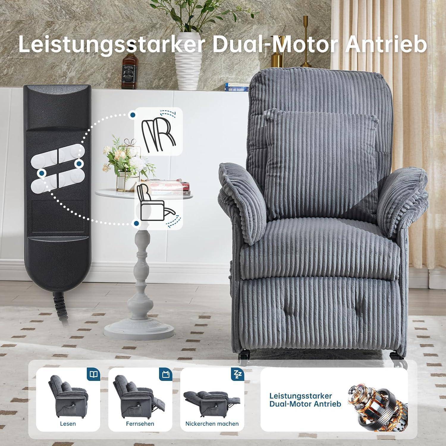 Ein Relaxsessel mit gestreifter Polsterung, der seine Fernbedienung mit Dual-Motor-Einstellungen zeigt. Symbole darunter deuten auf Verwendungsmöglichkeiten zum Lesen, Fernsehen und Nickerchen machen hin.