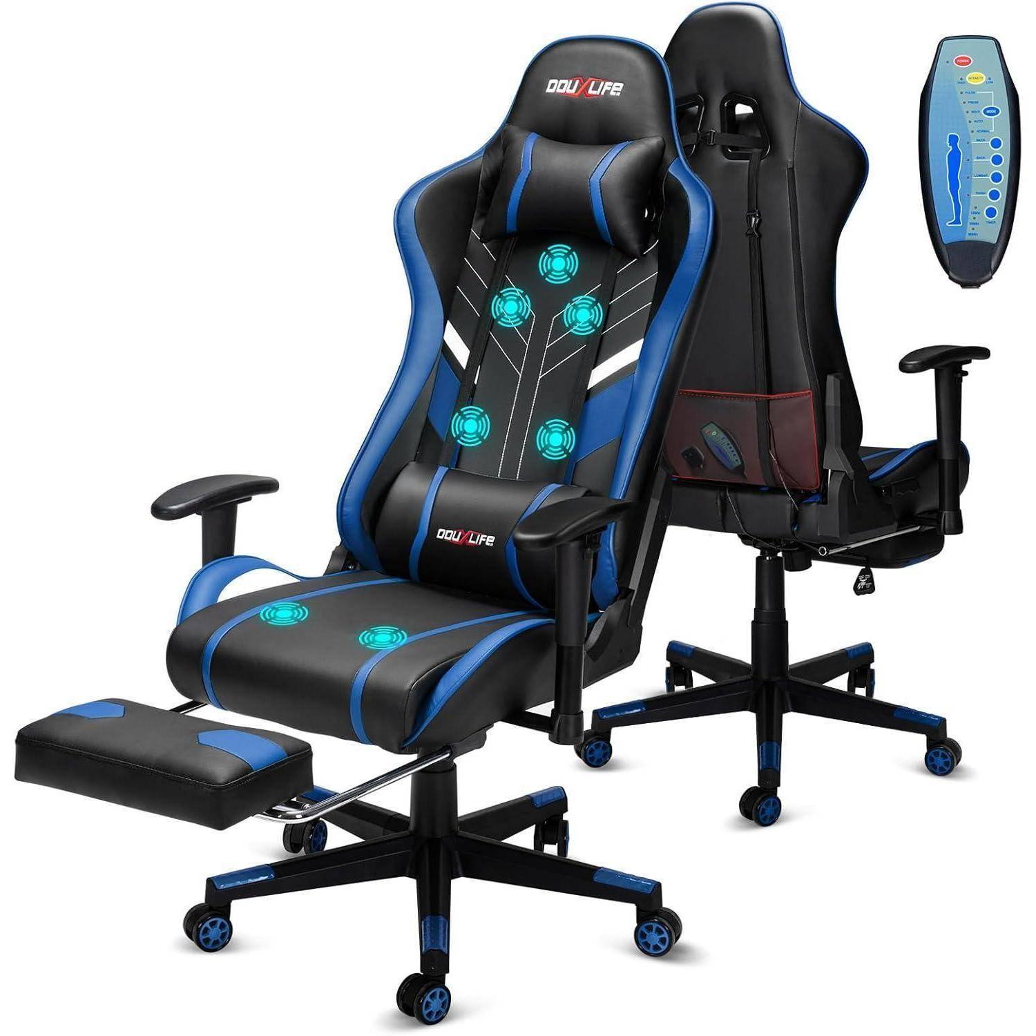 Gaming-Stuhl mit ergonomischem Design, blau und schwarz, verstellbare Armlehnen, integrierte Massagekissen, Fußablage und Drehgestell.