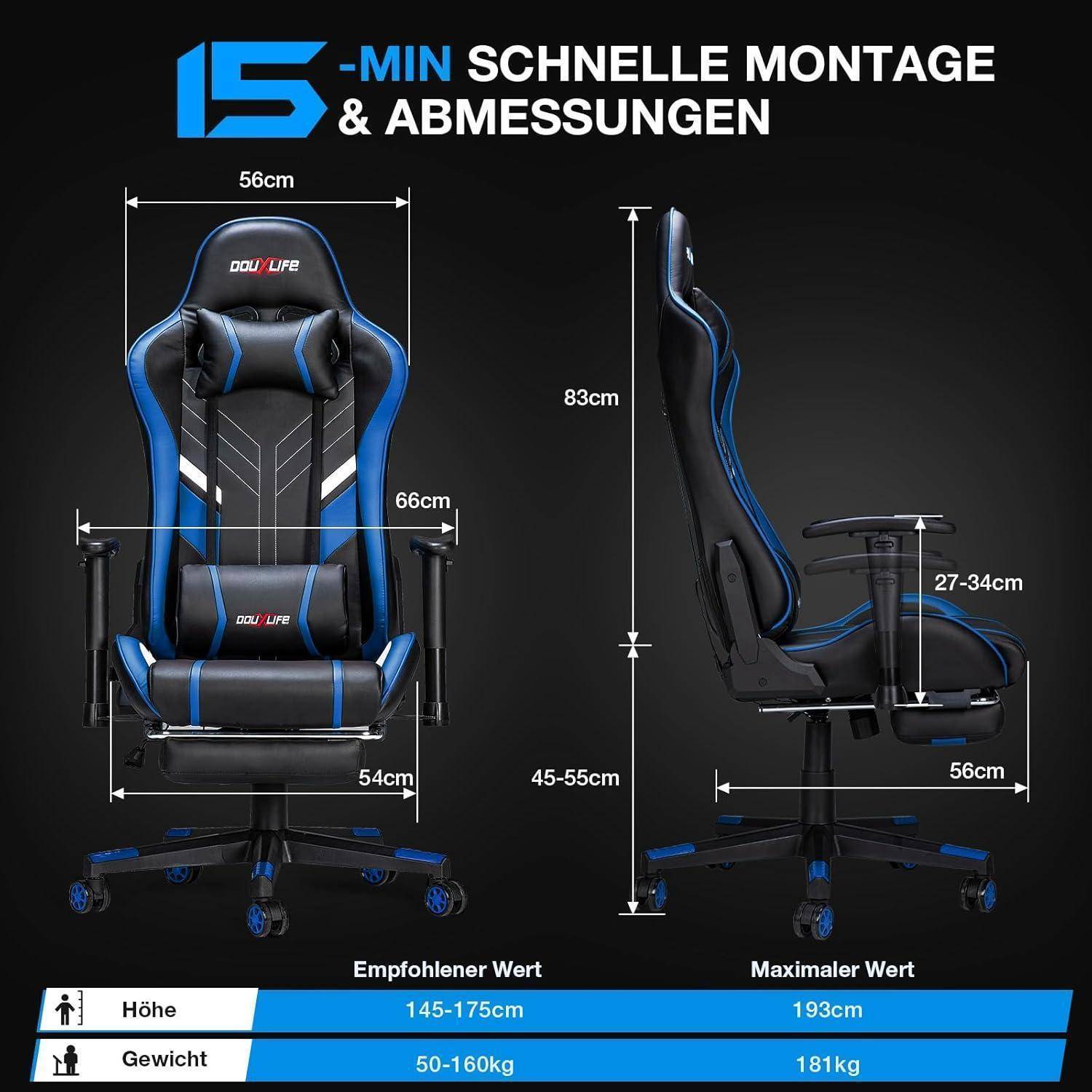Gaming-Stuhl-Abmessungen: Höhe 83-93 cm, Breite 54 cm, Sitzmulde 45-55 cm. Empfohlene Körpergröße 145-175 cm, Gewicht 50-160 kg. Max. 193 cm, 181 kg.