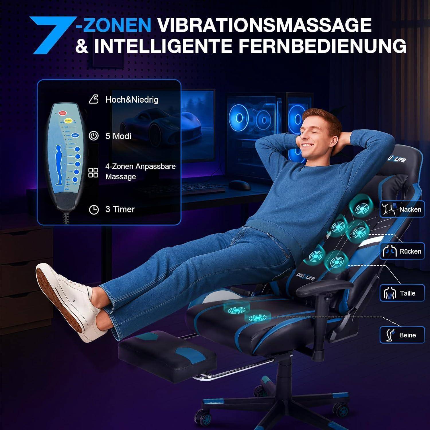 Eine Person entspannt sich in einem verstellbaren Massagesessel. Eine Fernbedienung zeigt 5 Modi und Timer an; gekennzeichnete Zonen sind hervorgehoben. Im Hintergrund sind Computermonitore in einem Raum zu sehen.