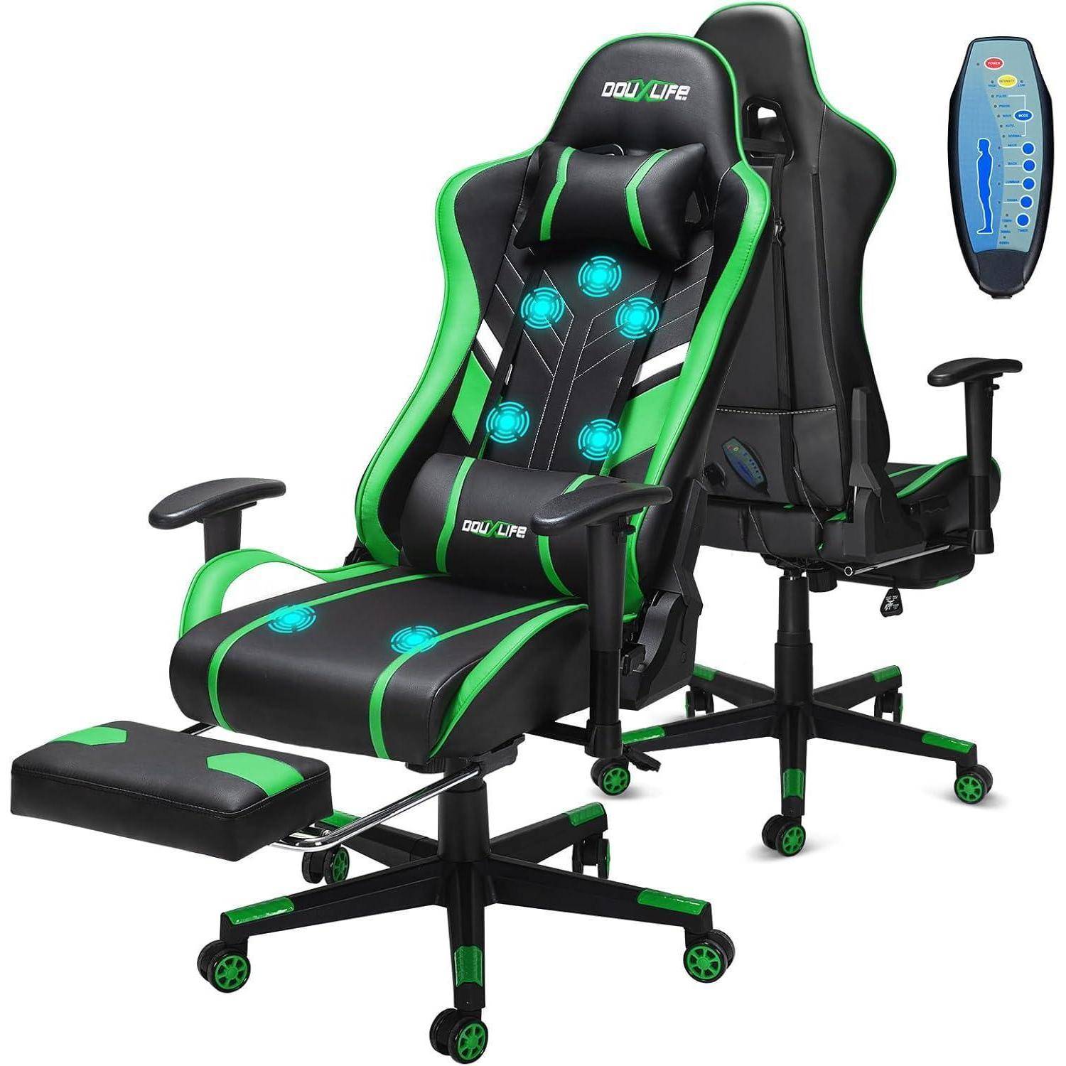 Zwei schwarze und grüne Gaming-Stühle mit ausfahrbaren Fußstützen und verstellbaren Armlehnen. Inklusive Massagefunktion und Fernbedienung.