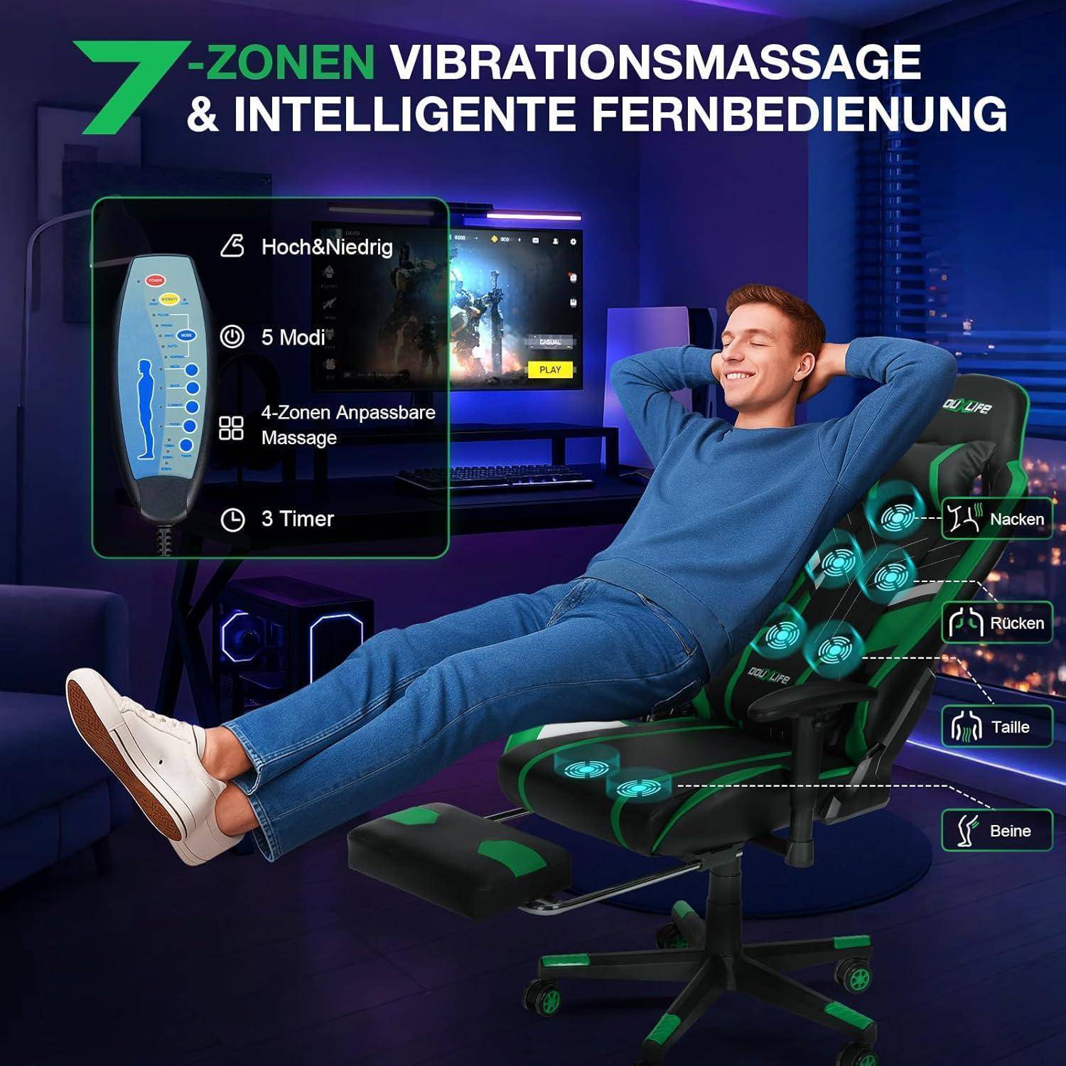Eine Person entspannt sich in einem Massagesessel in einem modernen Raum. Der Sessel bietet eine 7-Zonen Vibrationsmassage mit Funktionen wie 5 Modi, 3 Timern und Fernbedienung.