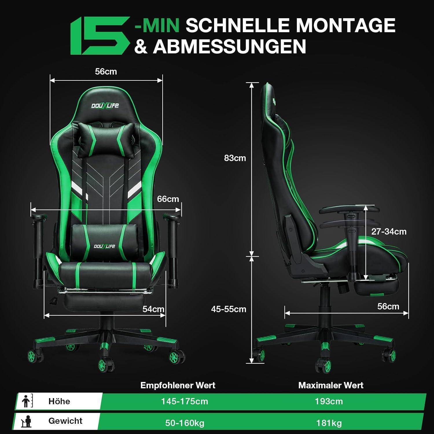 Grüner und schwarzer Gaming-Stuhl mit Höhen- und Gewichtsspezifikationen. Höhenverstellbar von 45-55 cm. Unterstützt Körpergrößen von 145-193 cm, Gewichte von 50-160 kg.