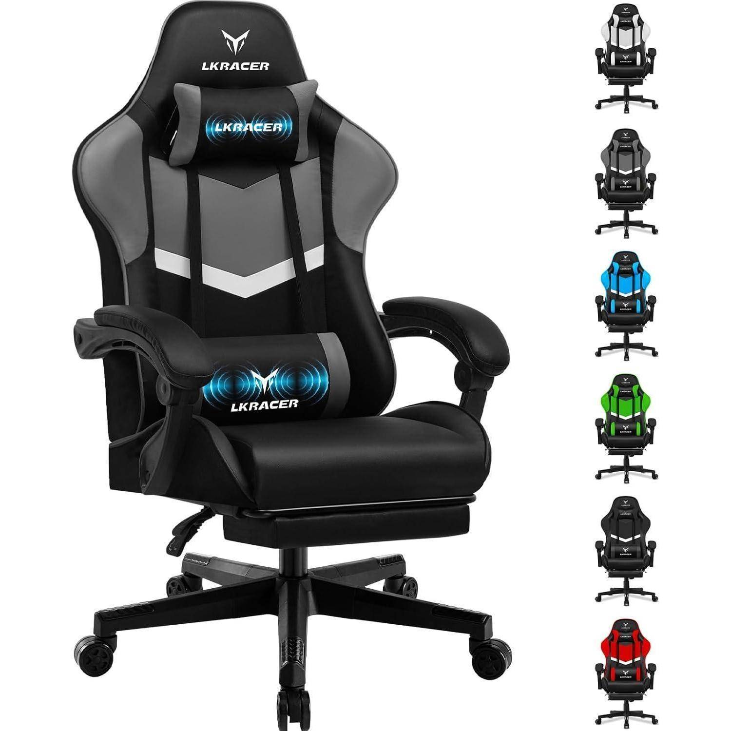 Ein schwarzer und grauer Gaming-Stuhl mit ergonomischem Design, einstellbarer Kopfstütze und Lendenwirbelstütze; sechs Farbvarianten werden seitlich präsentiert.