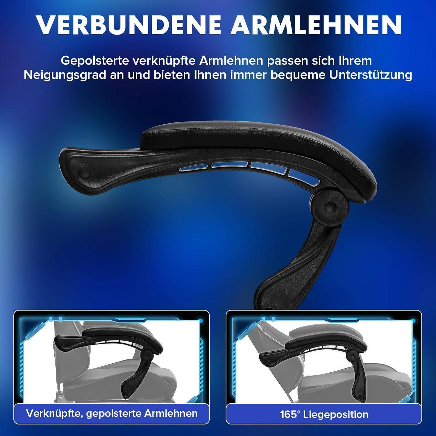 Bild einer Armlehne mit dem Titel 'Verbundene Armlehnen'. Der Text hebt verstellbare, gepolsterte Armlehnen für individuellen Komfort bei einem 165° Neigungswinkel hervor.
